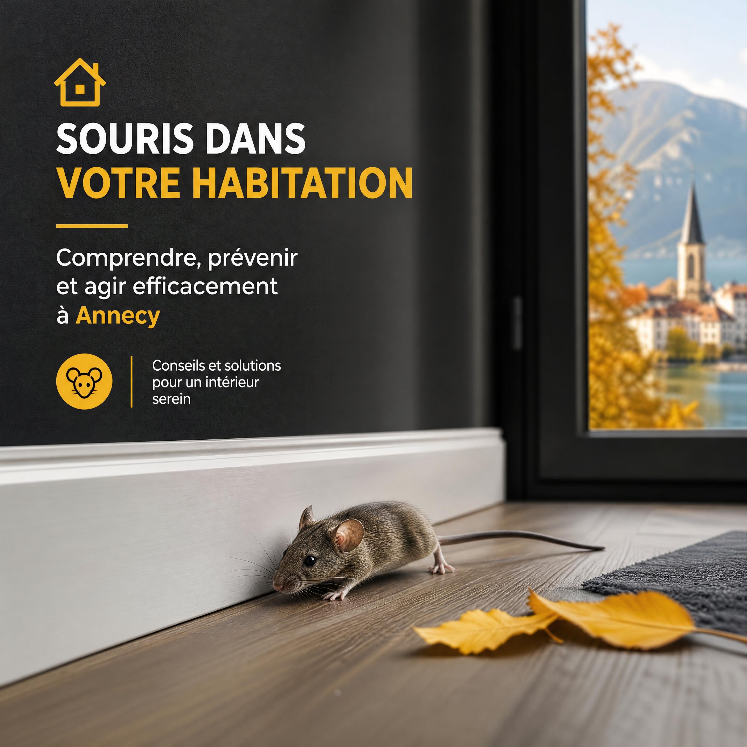 Souris réaliste de petite taille longeant une plinthe dans une habitation à Annecy, ambiance automnale, couleurs noir anthracite jaune et blanc, sans personne ni technicien