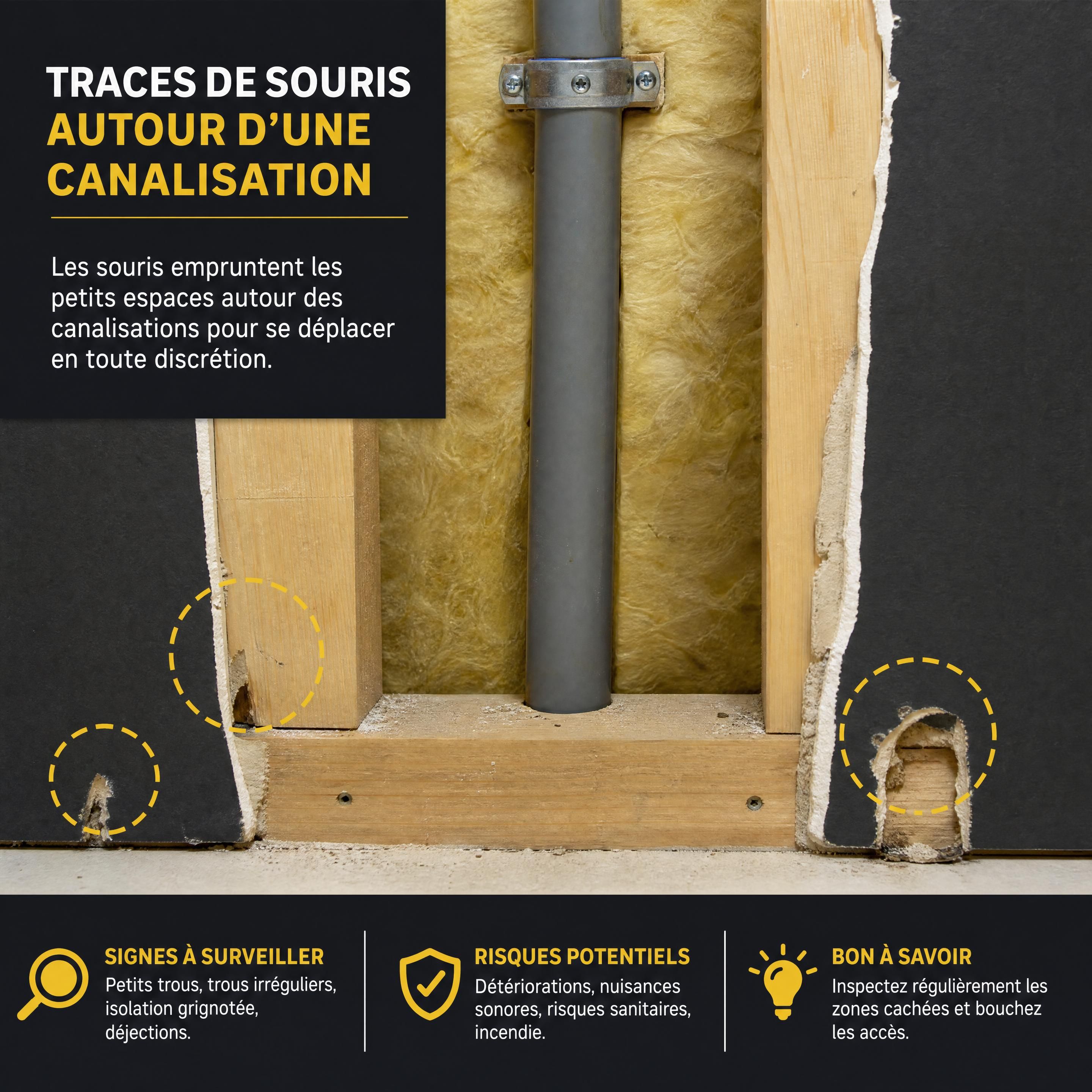 Intérieur de cloison ouverte avec traces discrètes de passage de souris autour d’une canalisation, style photo réaliste, sans personne, palette noir anthracite jaune et blanc