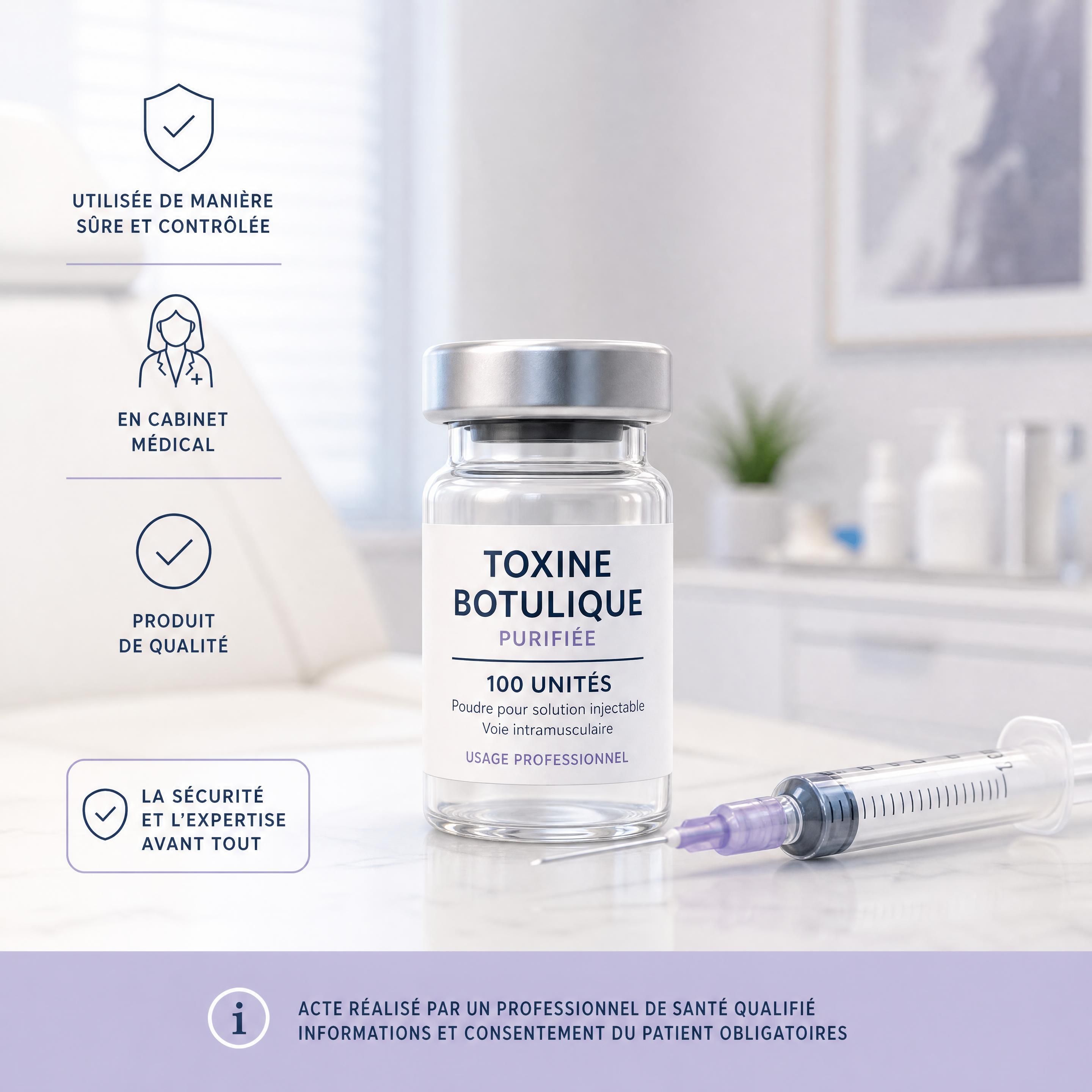 Flacon de toxine botulique purifiée utilisée de manière sûre et contrôlée en cabinet médical