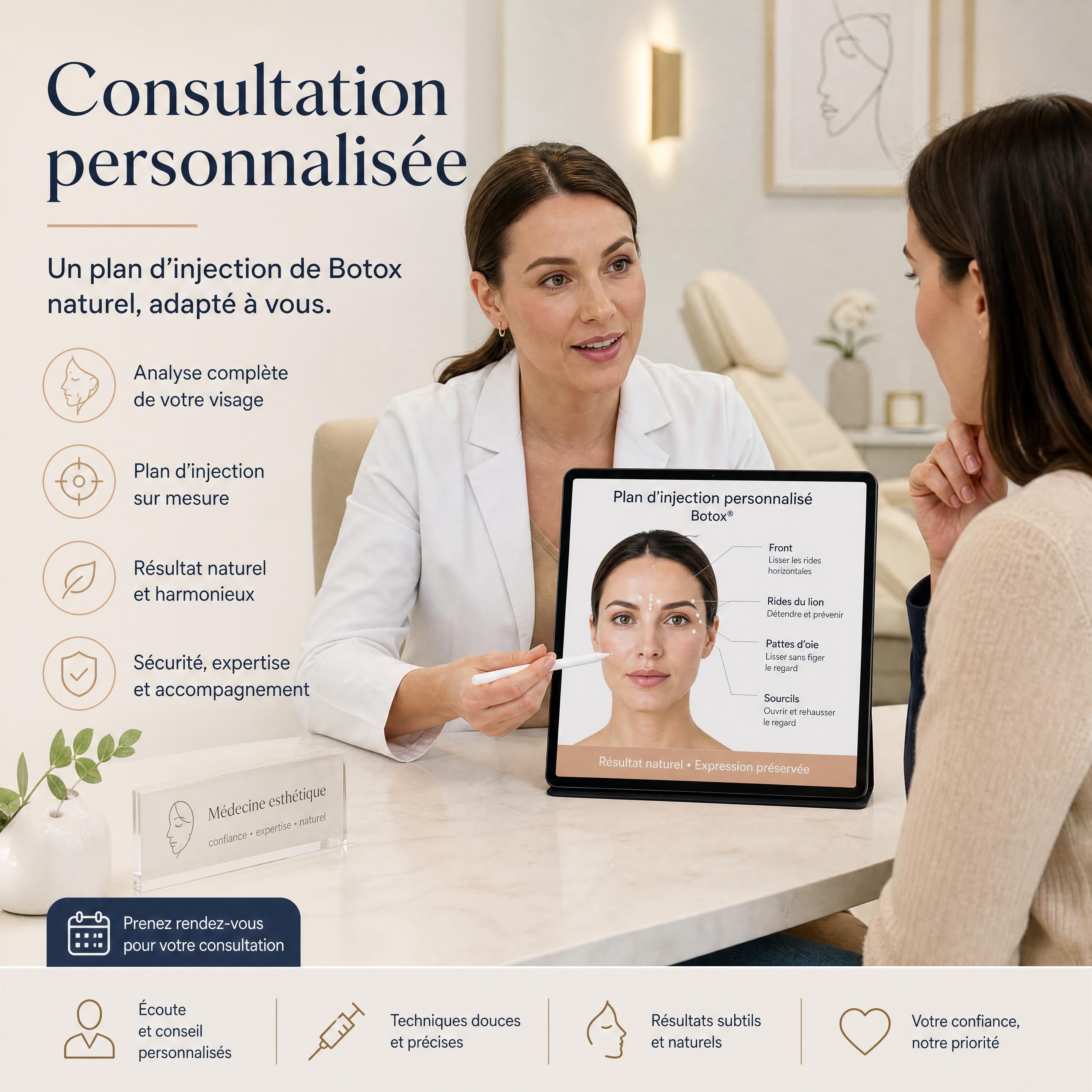 Consultation personnalisée de médecine esthétique pour un plan d'injection de Botox naturel