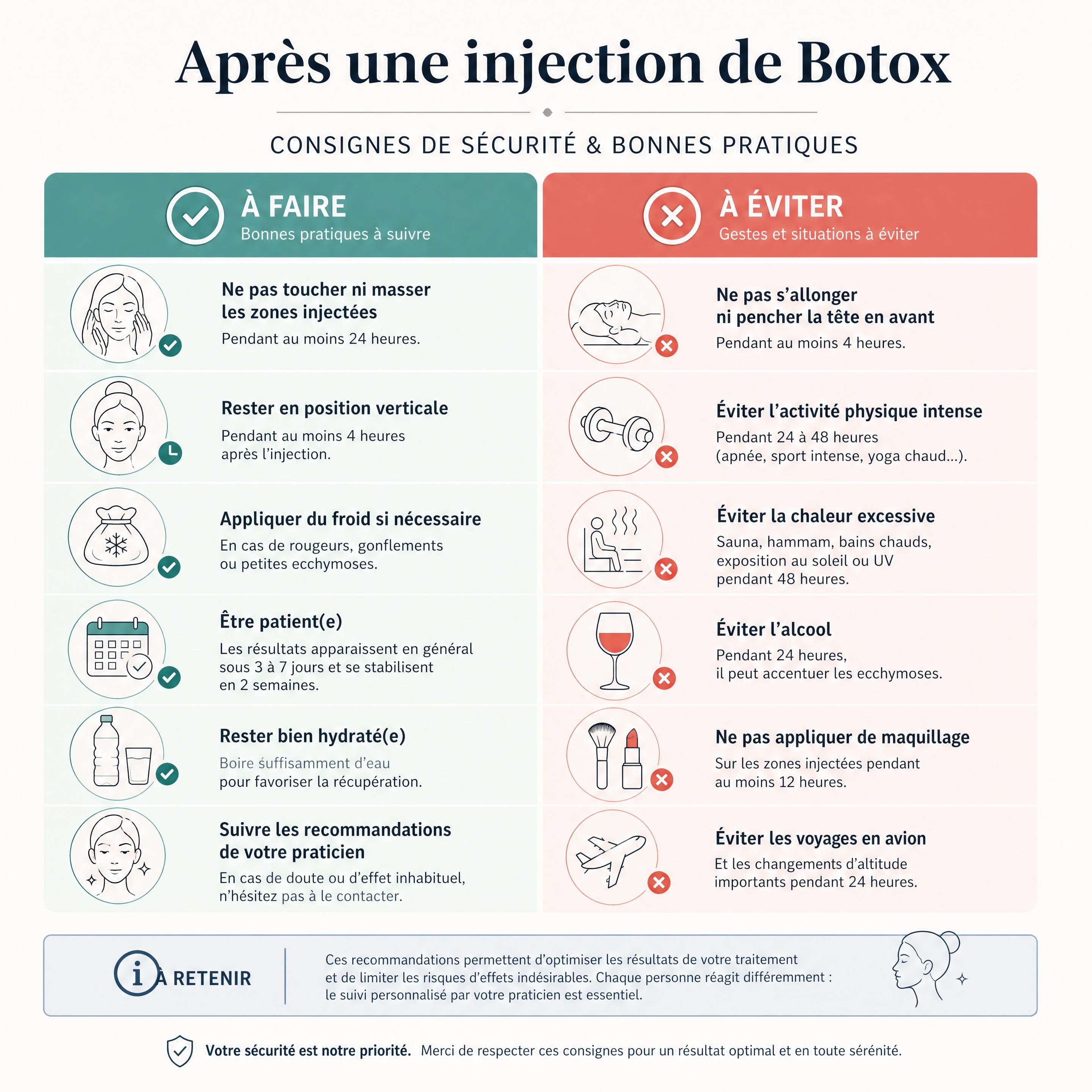 Tableau récapitulatif des consignes de sécurité et des bonnes pratiques après une injection de Botox