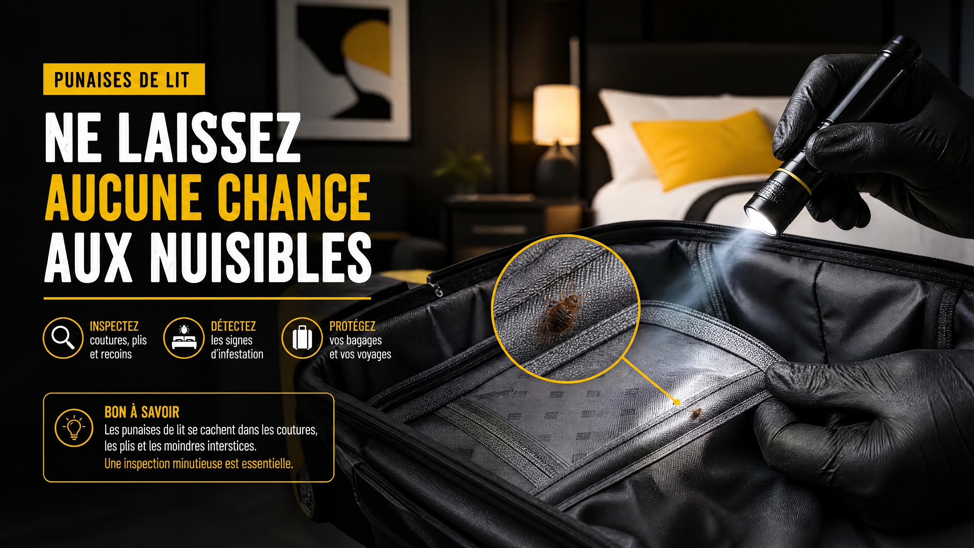 valise ouverte dans une chambre avec inspection minutieuse des coutures et présence réaliste d’une punaise de lit, ambiance noire anthracite jaune et blanche, format horizontal 1200x630