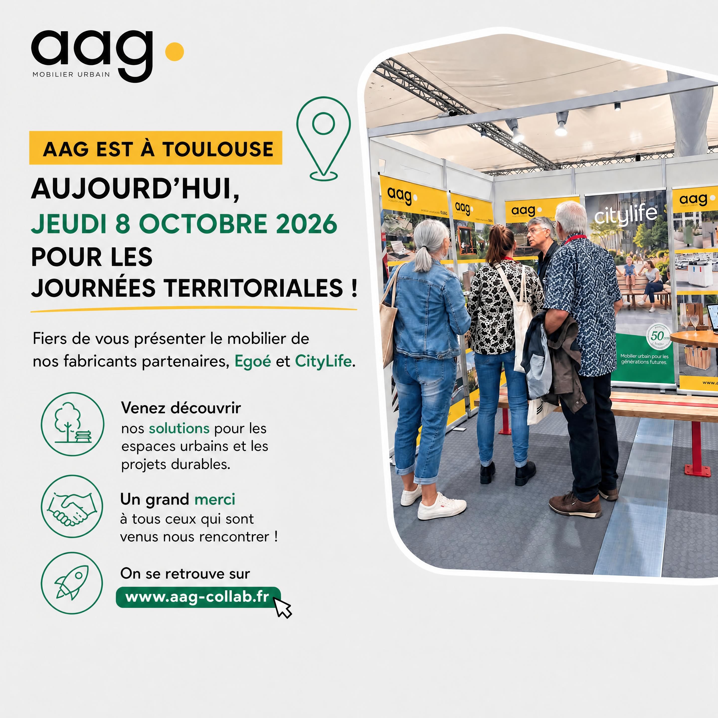 AAG présentant les solutions de mobilier urbain Egoé et CityLife aux Journées Territoriales 2026 à Toulouse