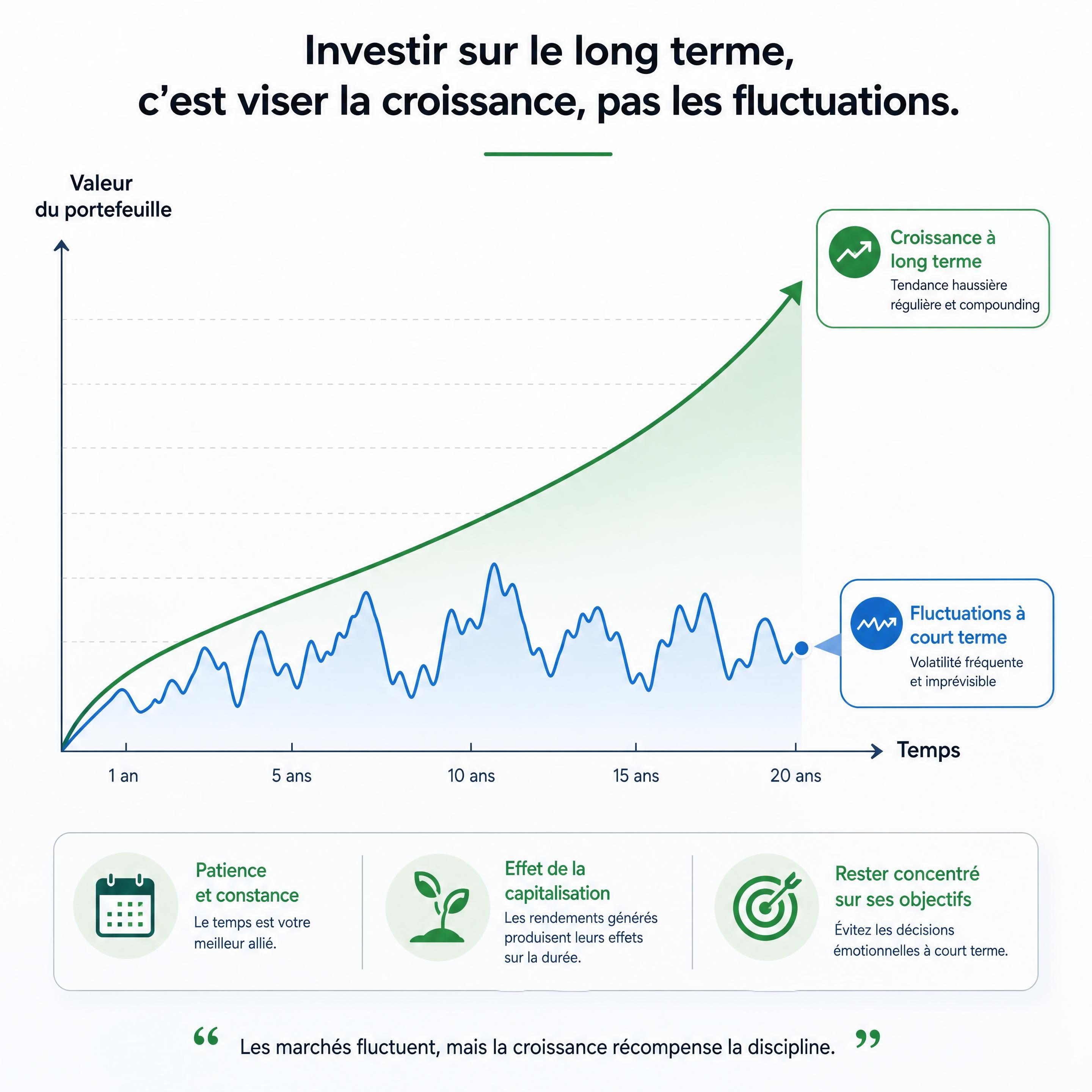 Un graphique épuré et moderne montrant une courbe de croissance financière stable et ascendante sur le long terme, contrastant avec des fluctuations chaotiques à court terme
