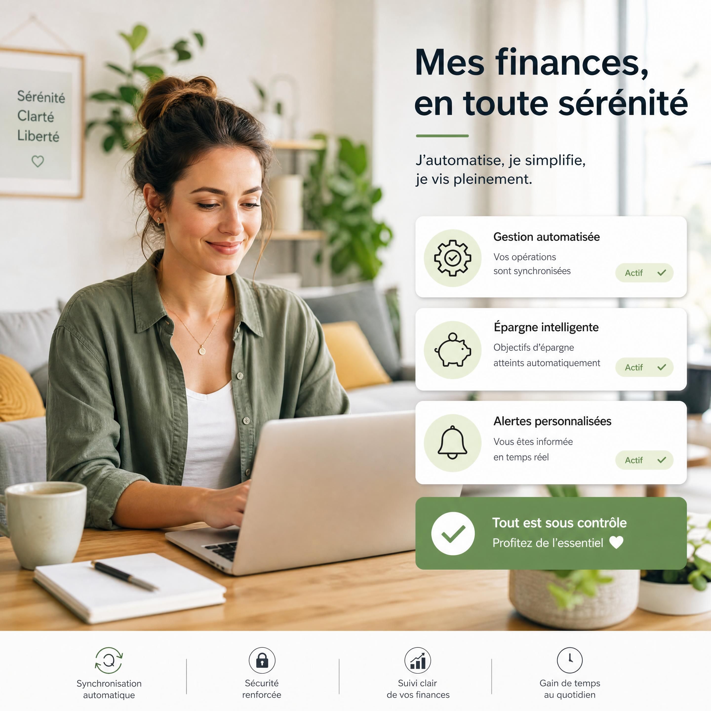 Une jeune femme sereine assise devant son ordinateur portable dans un salon lumineux, gérant ses finances personnelles de manière automatisée et tranquille