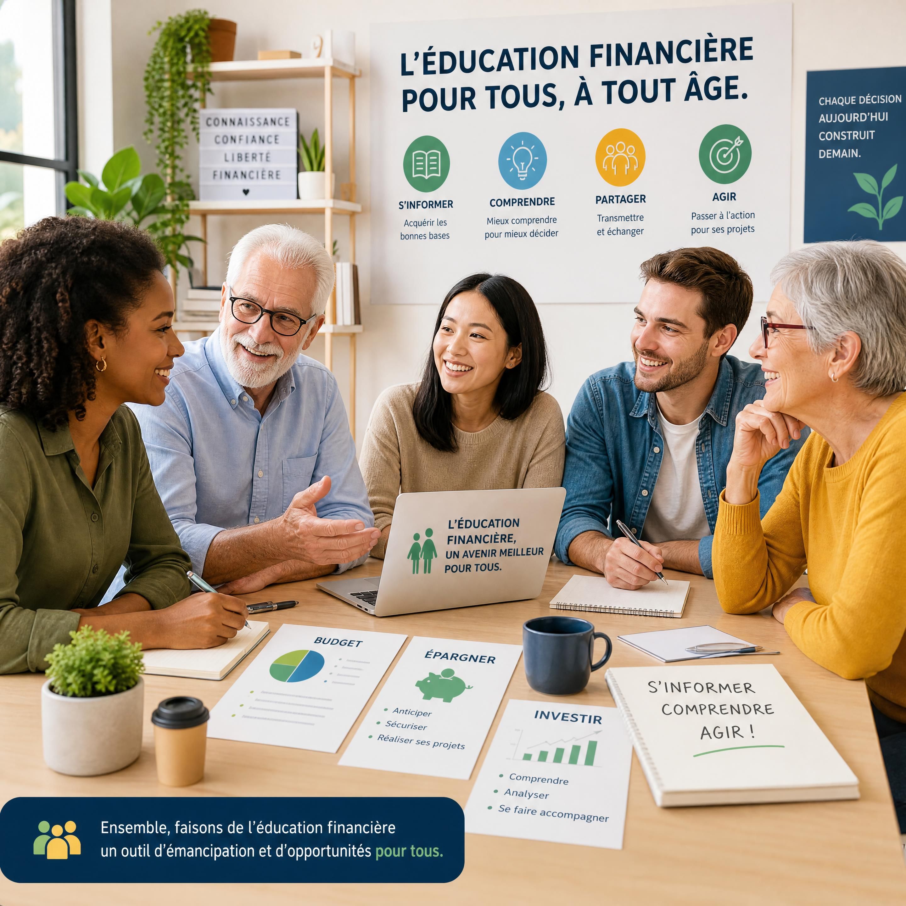 Un groupe intergénérationnel et diversifié de personnes souriantes discutant activement autour d'une table de travail, illustrant la transmission de l'éducation financière pour tous