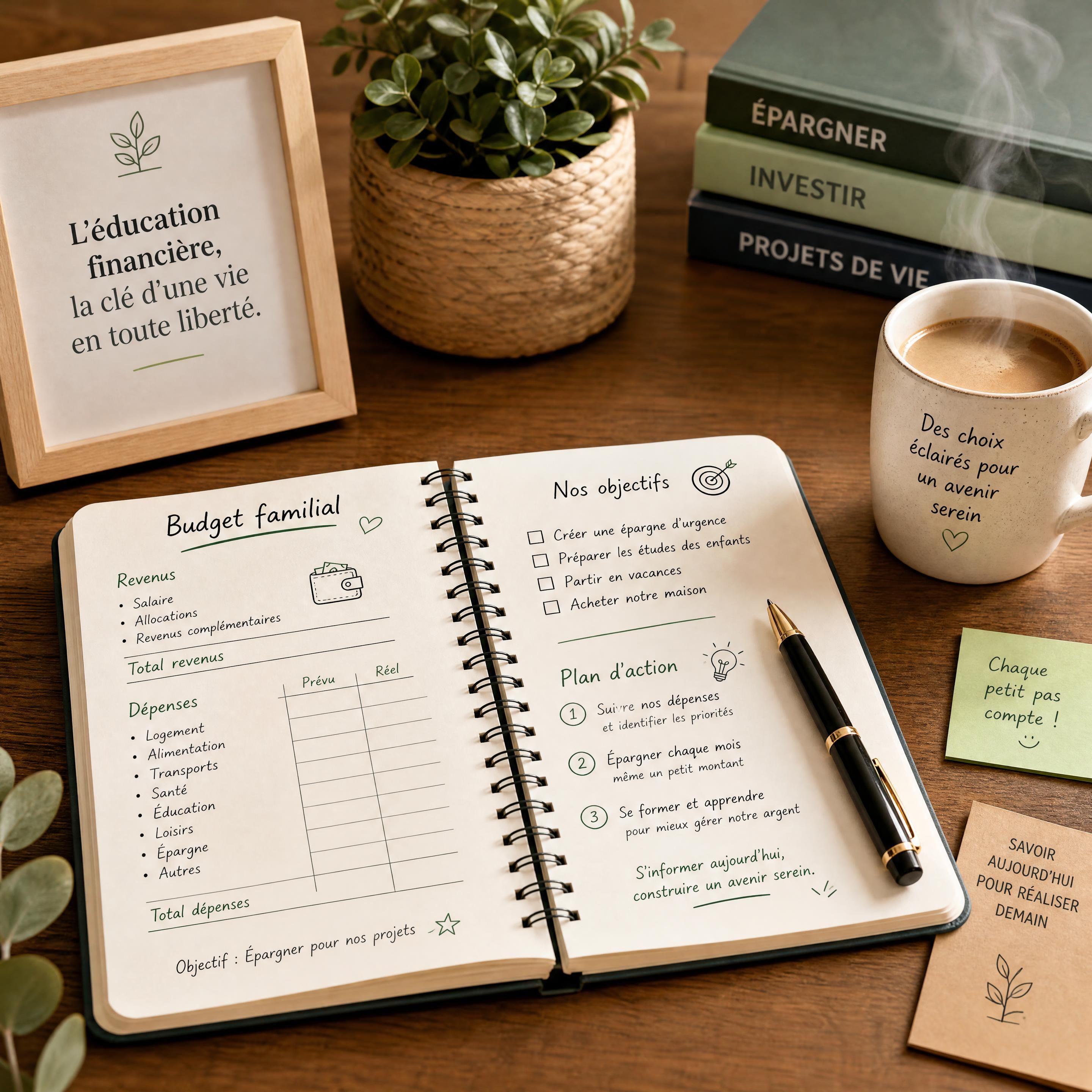Une table en bois chaleureuse avec un carnet de notes ouvert, un stylo élégant et une tasse de café fumante, symbolisant la planification sereine d'un budget familial et l'accès à l'éducation financière