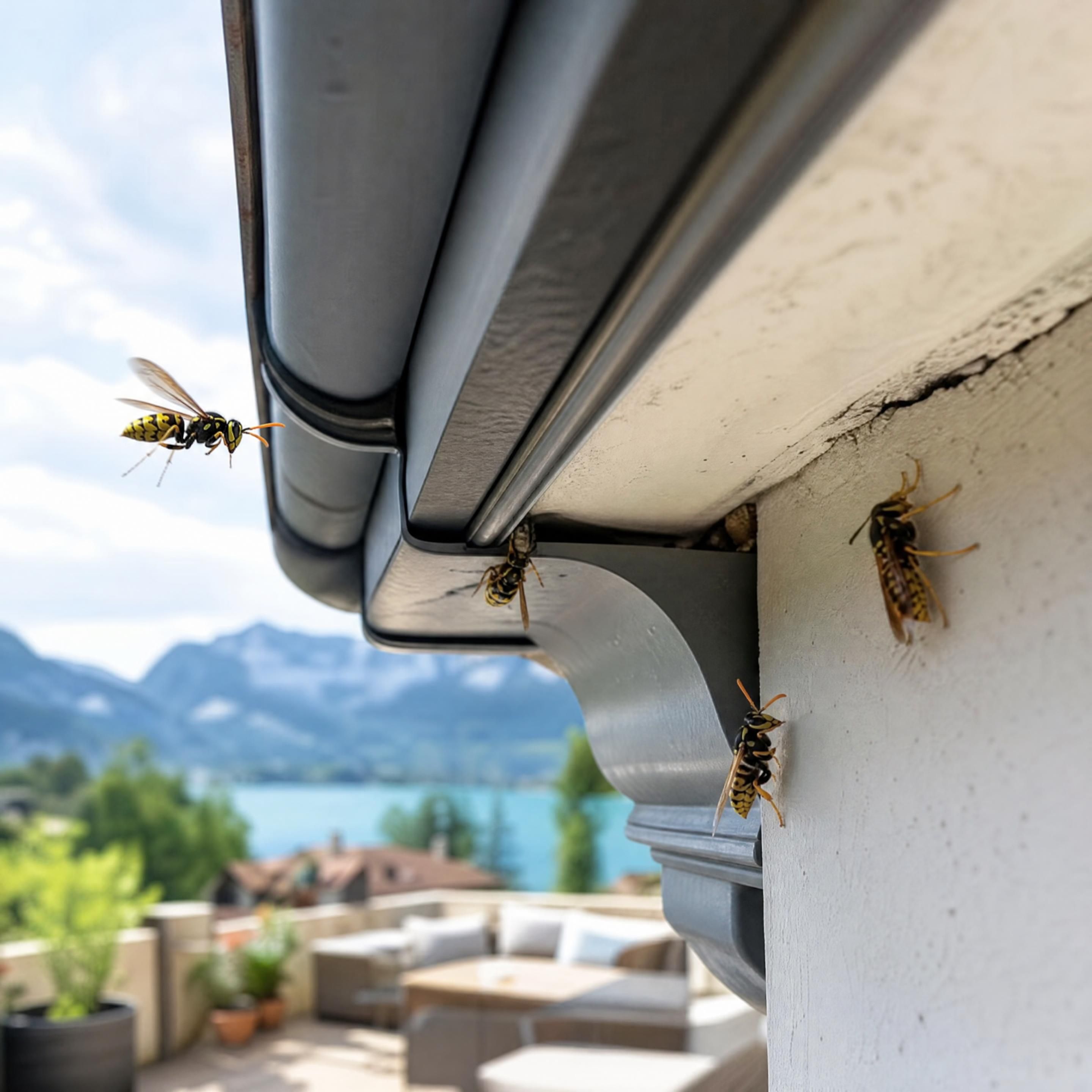 Gros plan réaliste d’une petite zone de passage de guêpes près d’une gouttière au-dessus d’une terrasse à Annecy, insectes à taille naturelle, sans personne ni nid manipulé