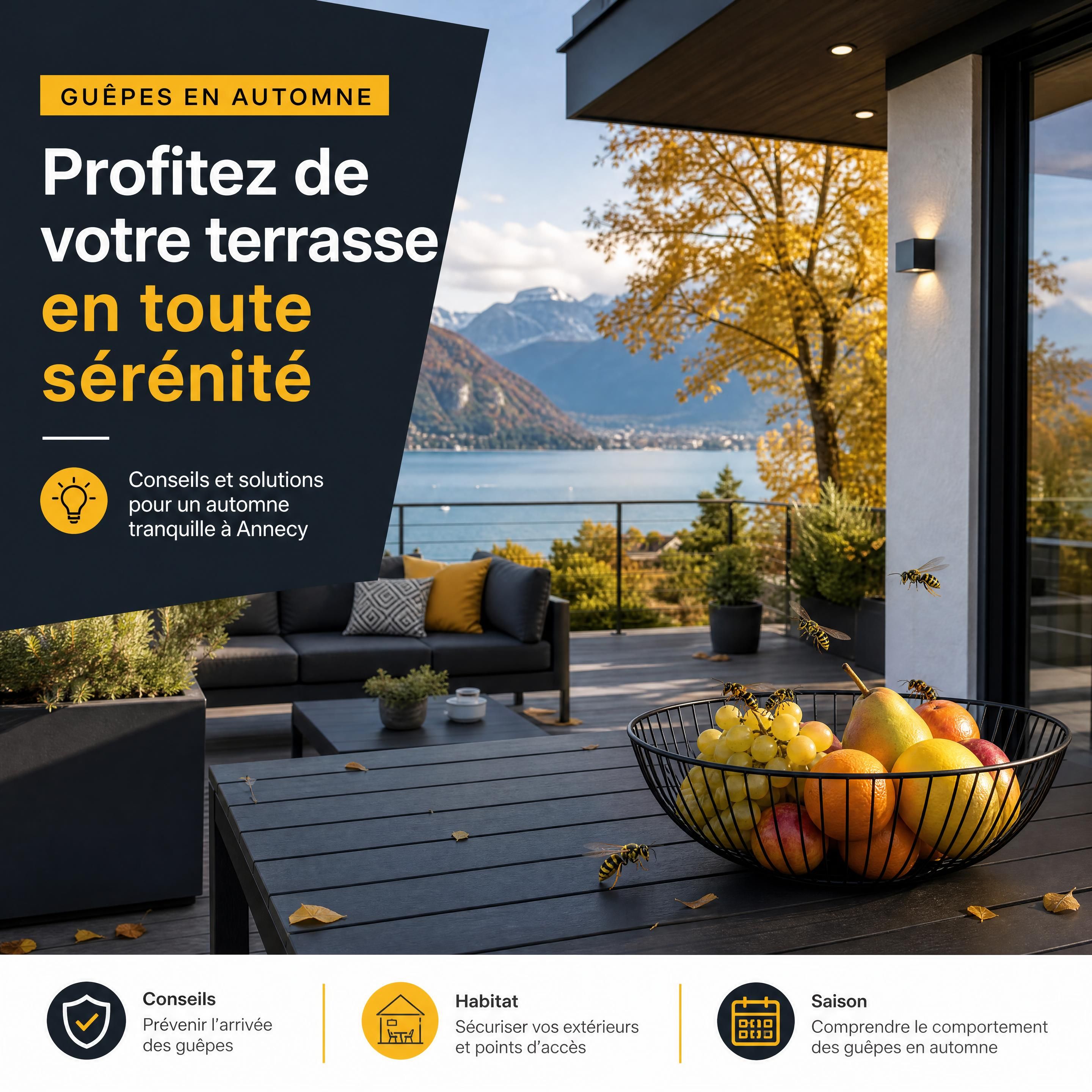 Terrasse de maison à Annecy en automne avec quelques guêpes près d’une corbeille de fruits, sans personne ni nid manipulé, ambiance réaliste aux couleurs noir, anthracite, jaune et blanc