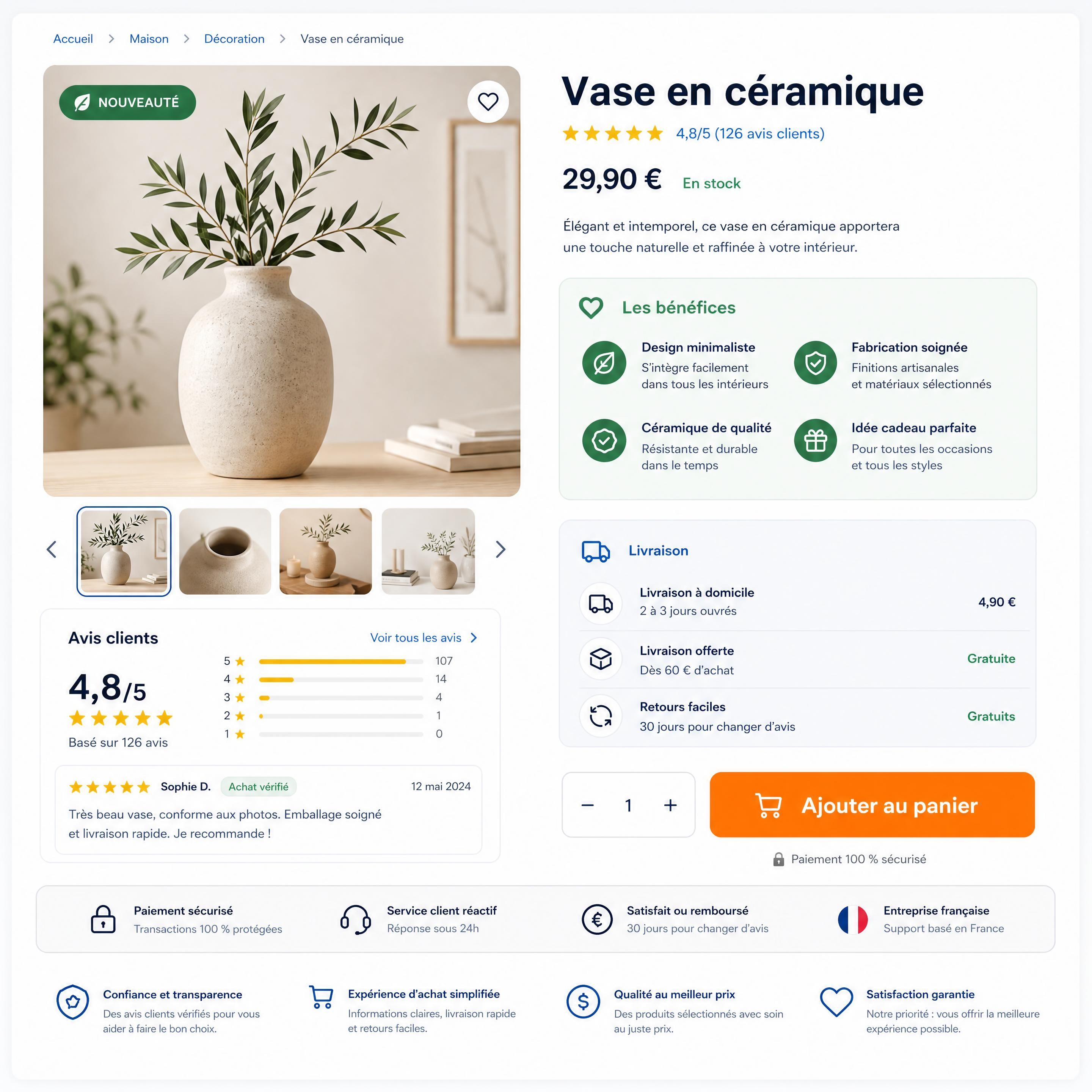 Fiche produit e-commerce présentant les bénéfices, les avis clients, la livraison et un bouton d’ajout au panier