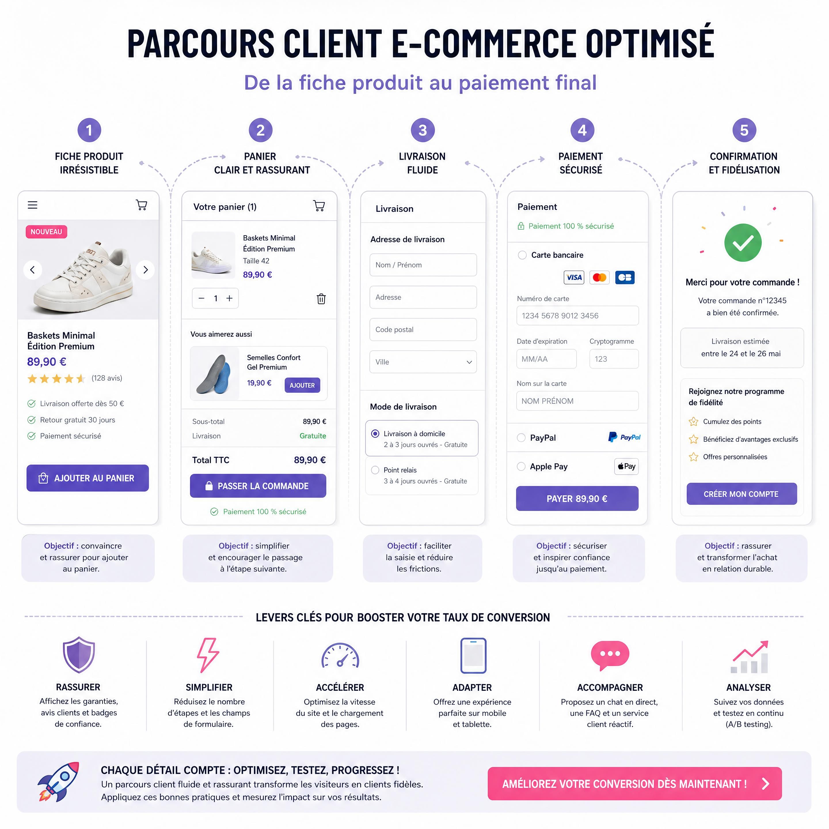 Illustration d’un parcours client e-commerce optimisé, de la fiche produit au paiement final