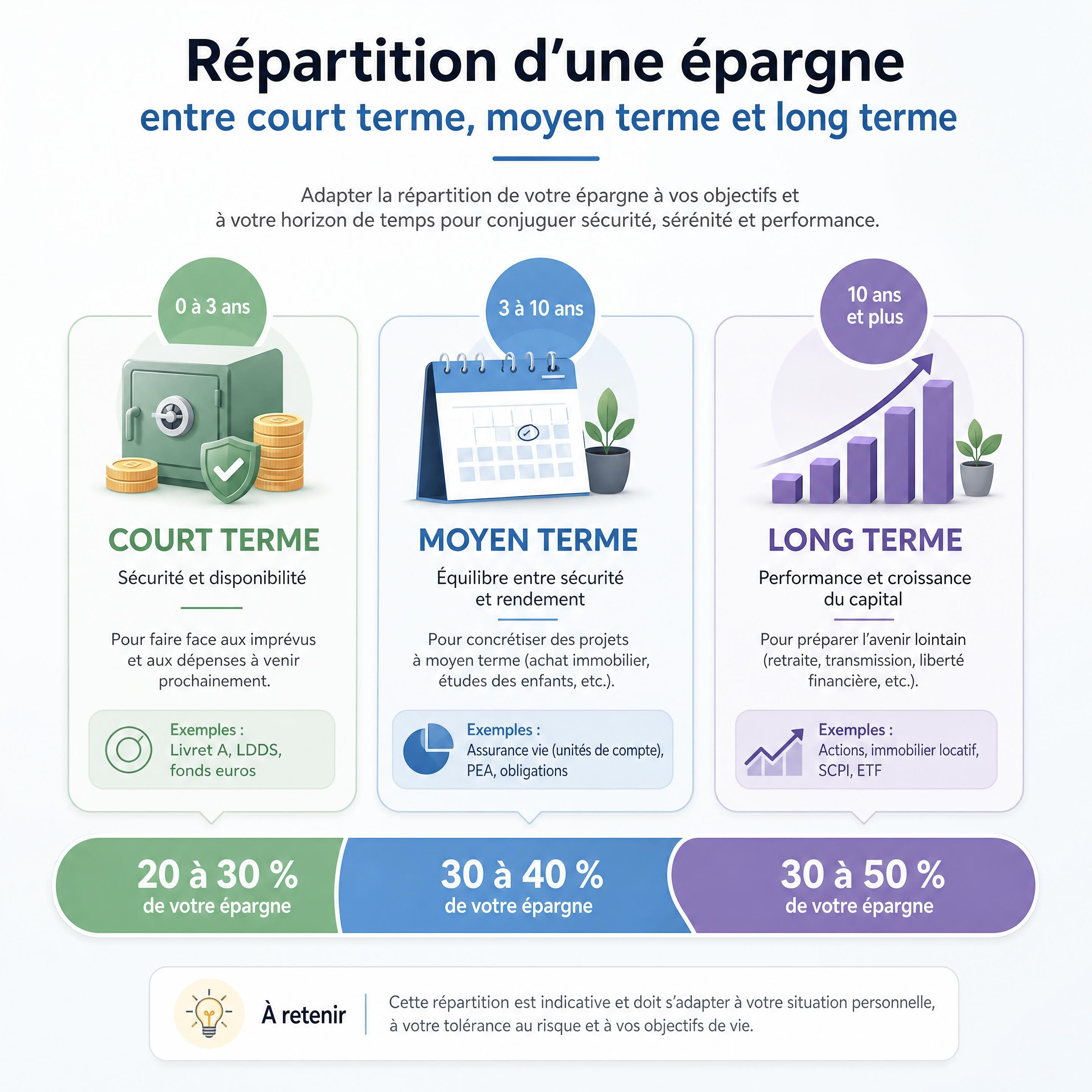 Schéma pédagogique montrant la répartition d’une épargne entre court terme, moyen terme et long terme