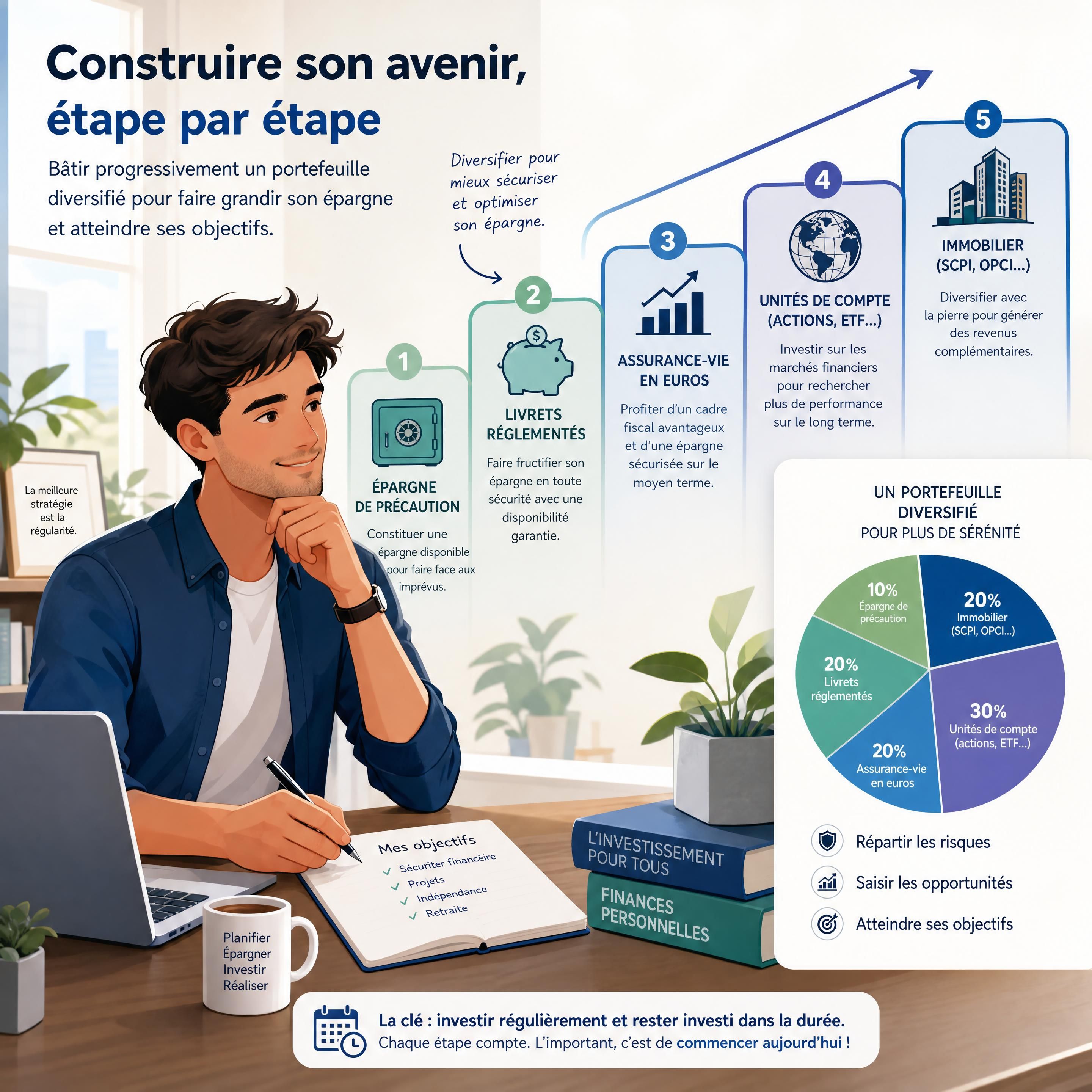 Jeune actif construisant progressivement un portefeuille diversifié avec des supports d’épargne et d’investissement