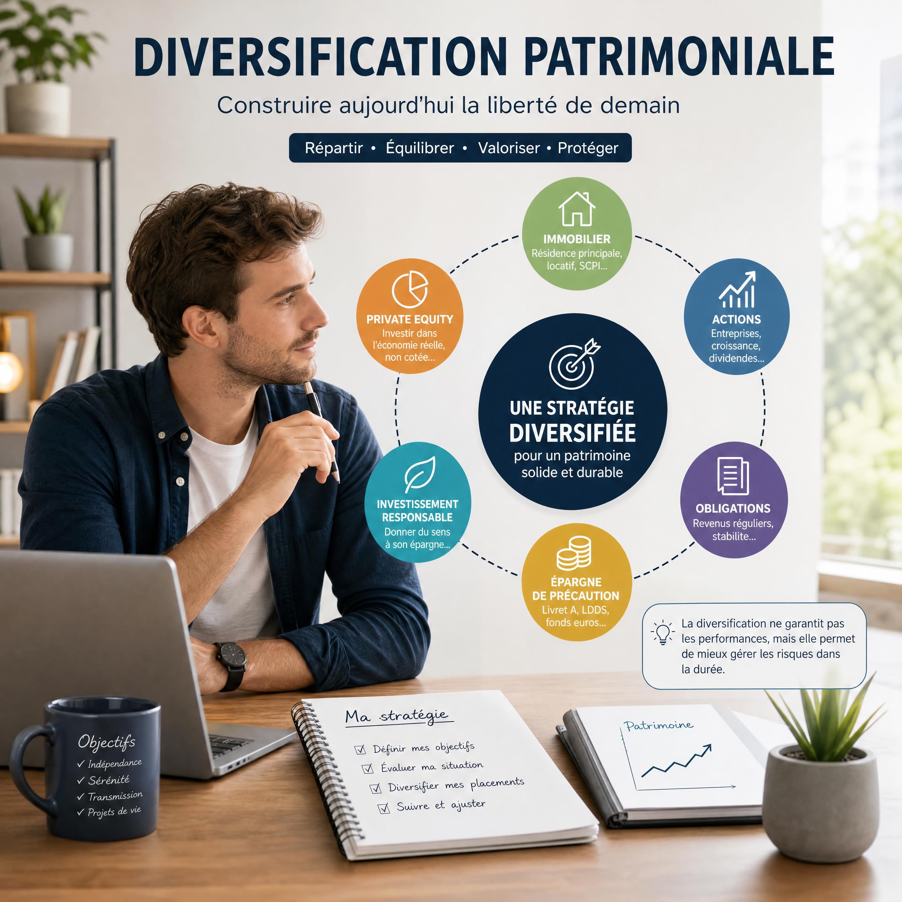jeune actif construisant une stratégie de diversification patrimoniale avec plusieurs supports d’investissement