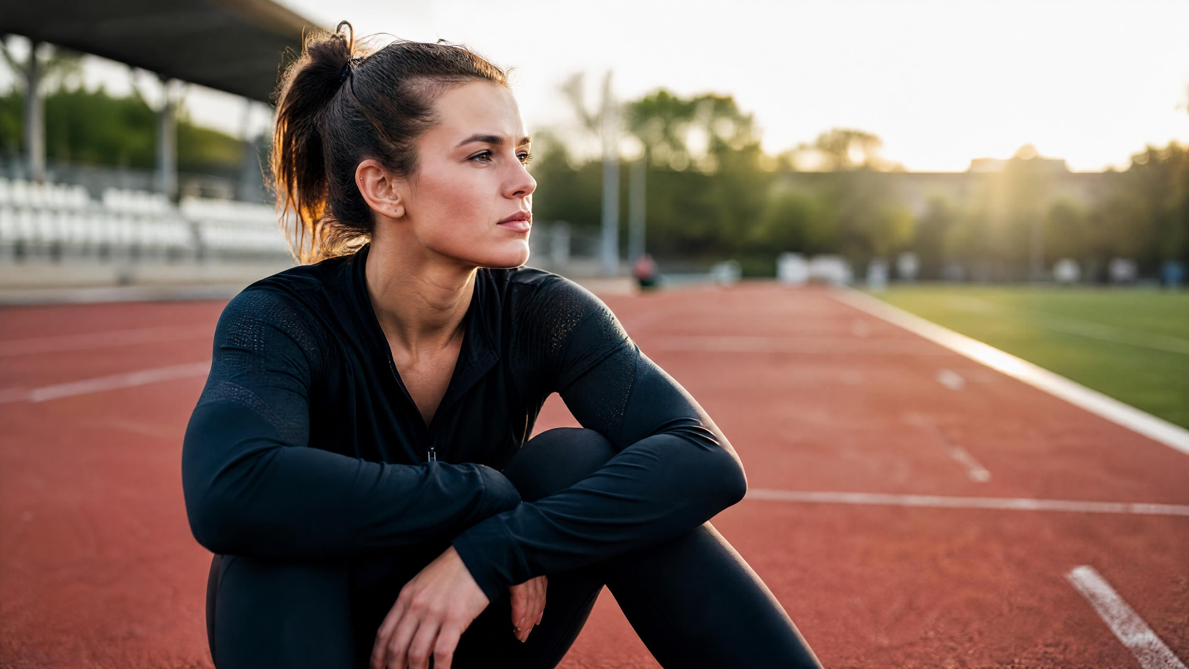 Sportif ou jeune sportif assis calmement après une compétition, respirant profondément avec son sac de sport à côté de lui