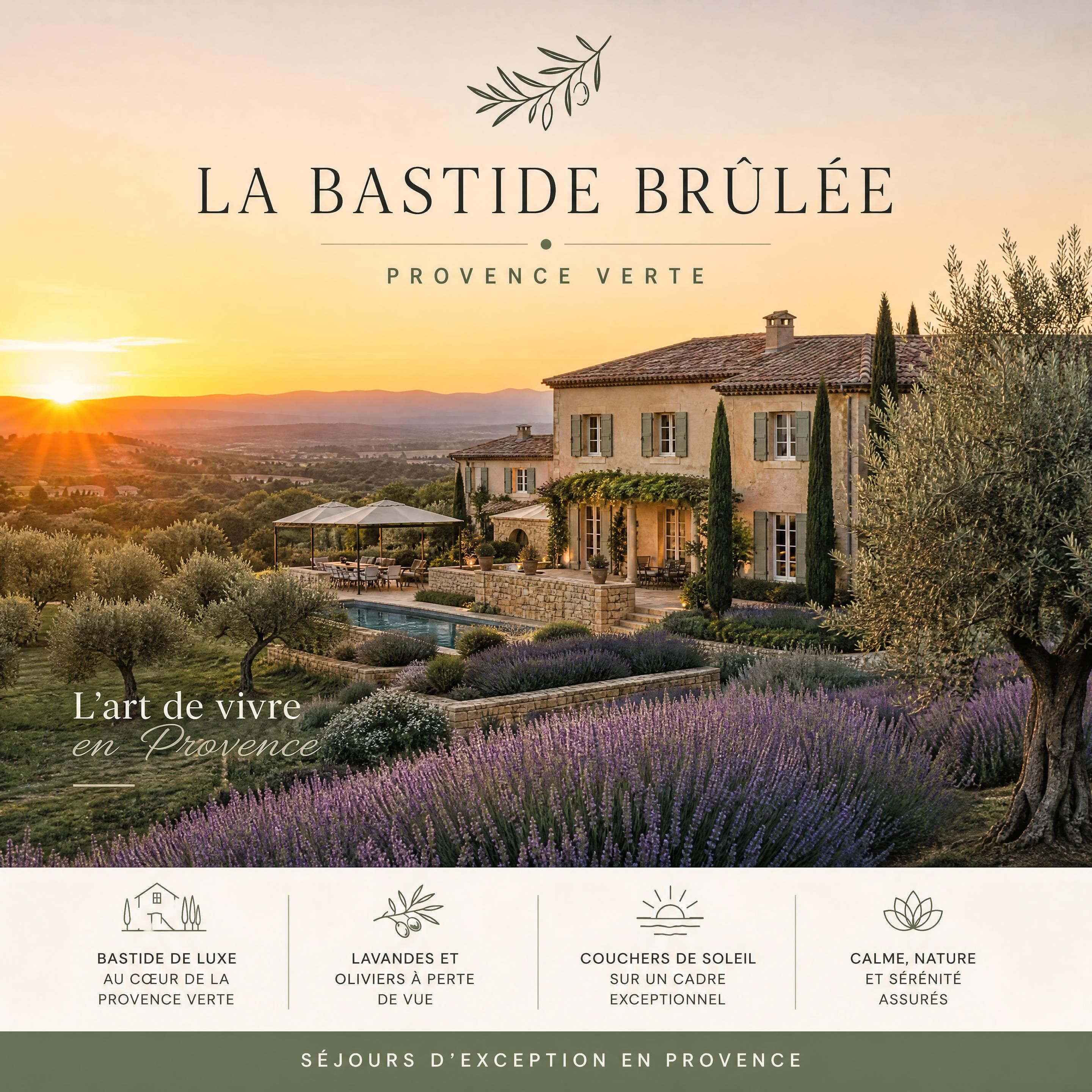La Bastide Brûlée au coucher du soleil, bastide de luxe entourée de lavandes et d’oliviers en Provence Verte