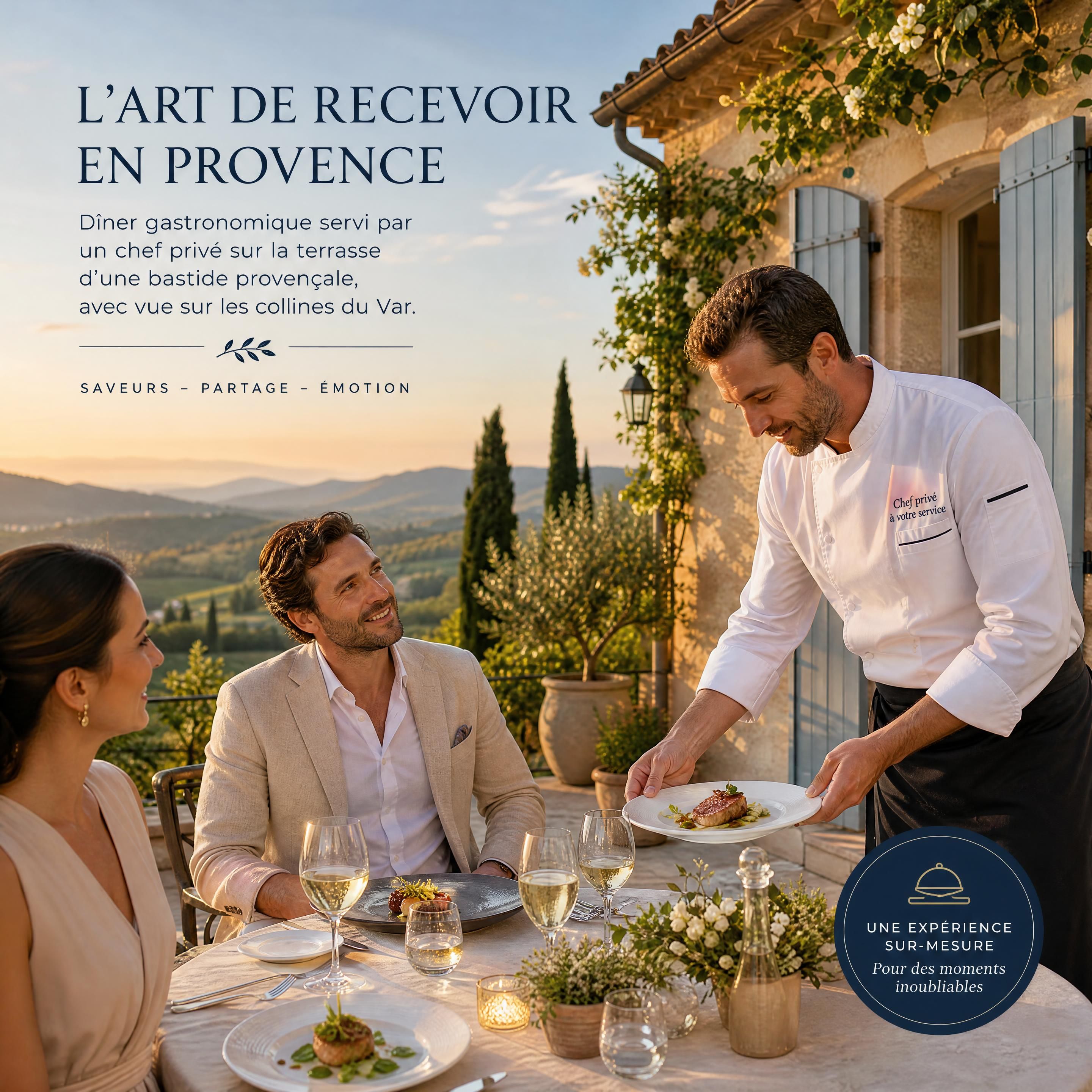 Dîner gastronomique servi par un chef privé sur la terrasse d’une bastide provençale, avec vue sur les collines du Var