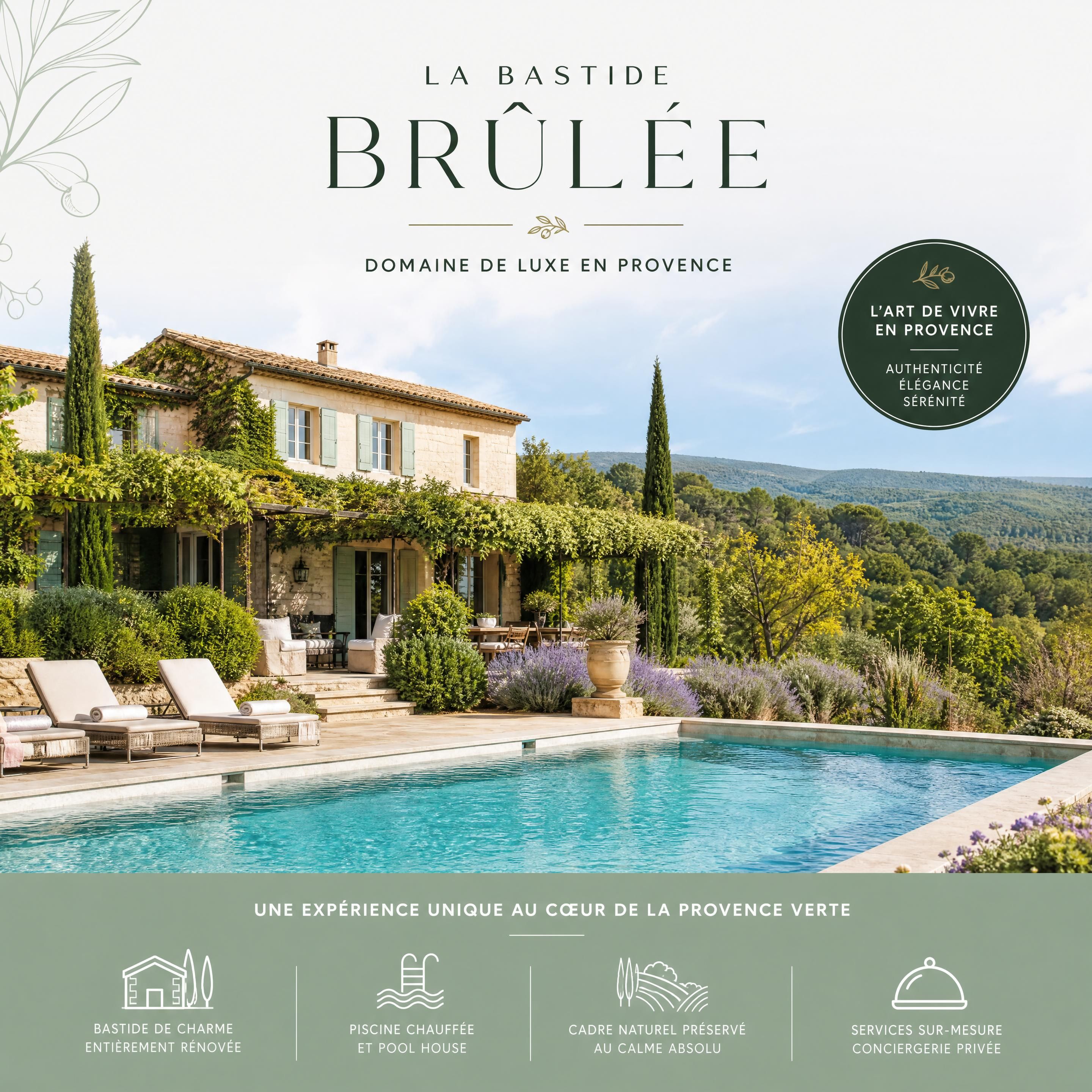 La Bastide Brûlée, domaine de luxe en Provence avec villa élégante, piscine et paysage de Provence Verte