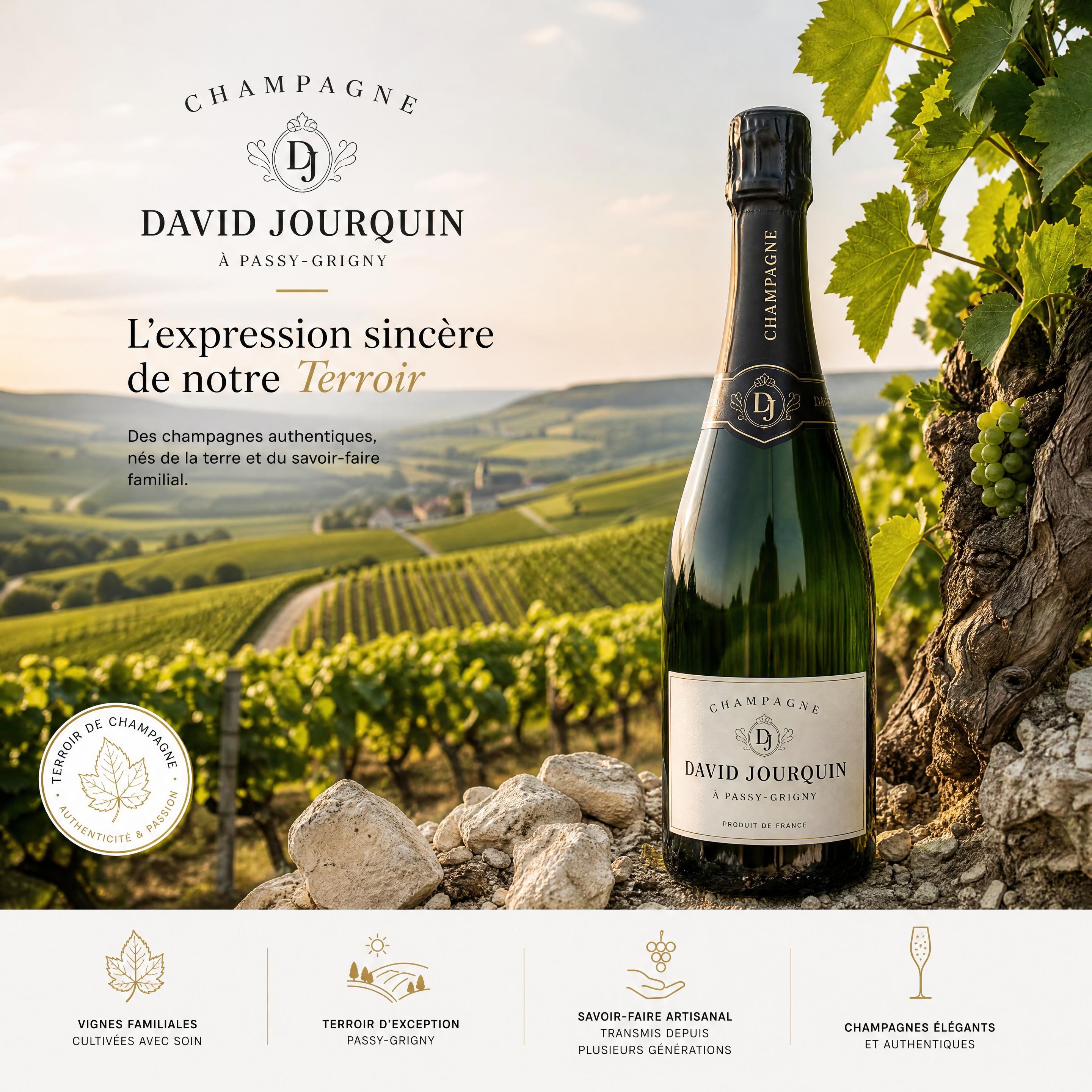Vignes et bouteille officielle de Champagne David Jourquin dans le paysage champenois, avec une altération naturelle mettant en valeur le Terroir de Champagne