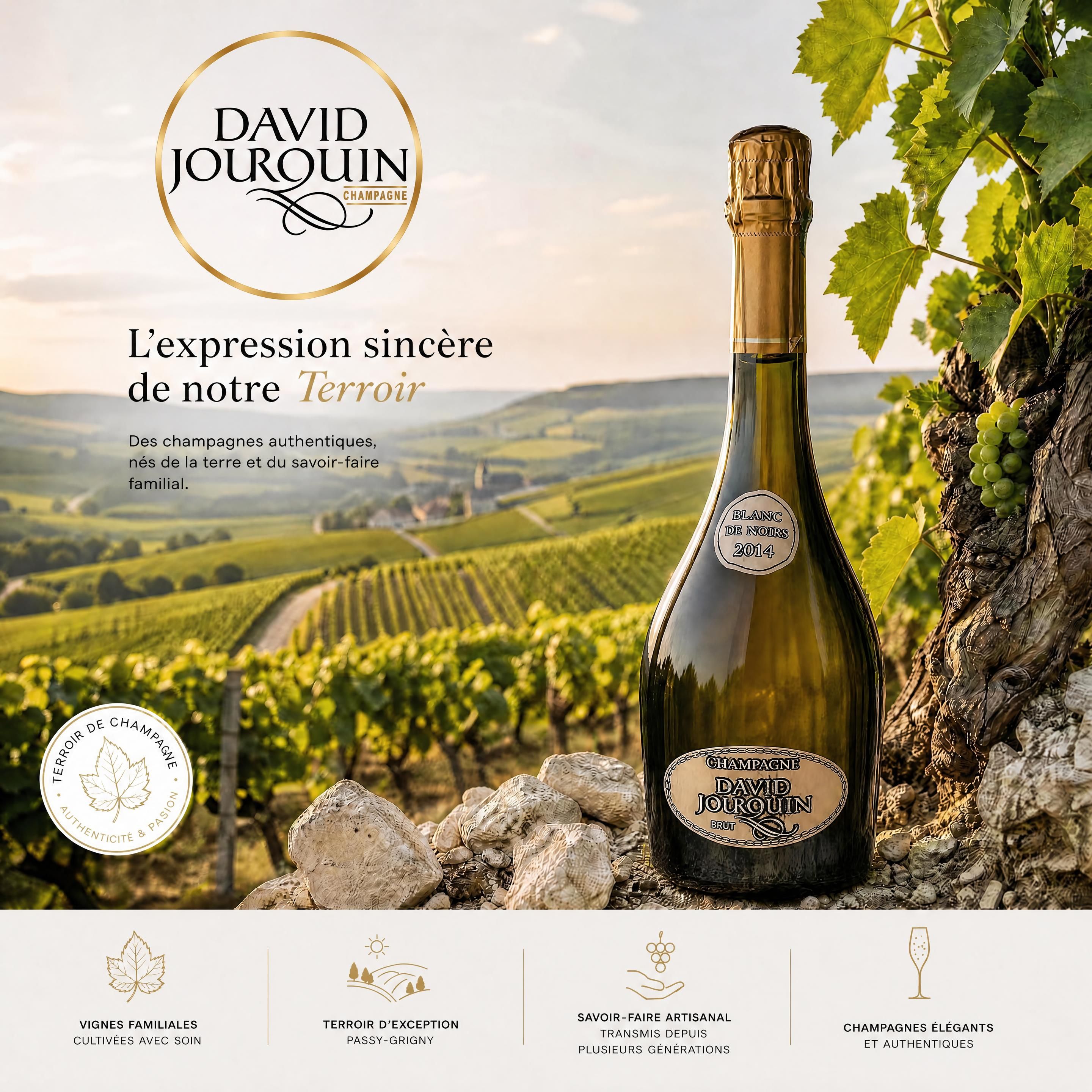Vignes et bouteille officielle de Champagne David Jourquin dans le paysage champenois, avec une altération naturelle mettant en valeur le Terroir de Champagne