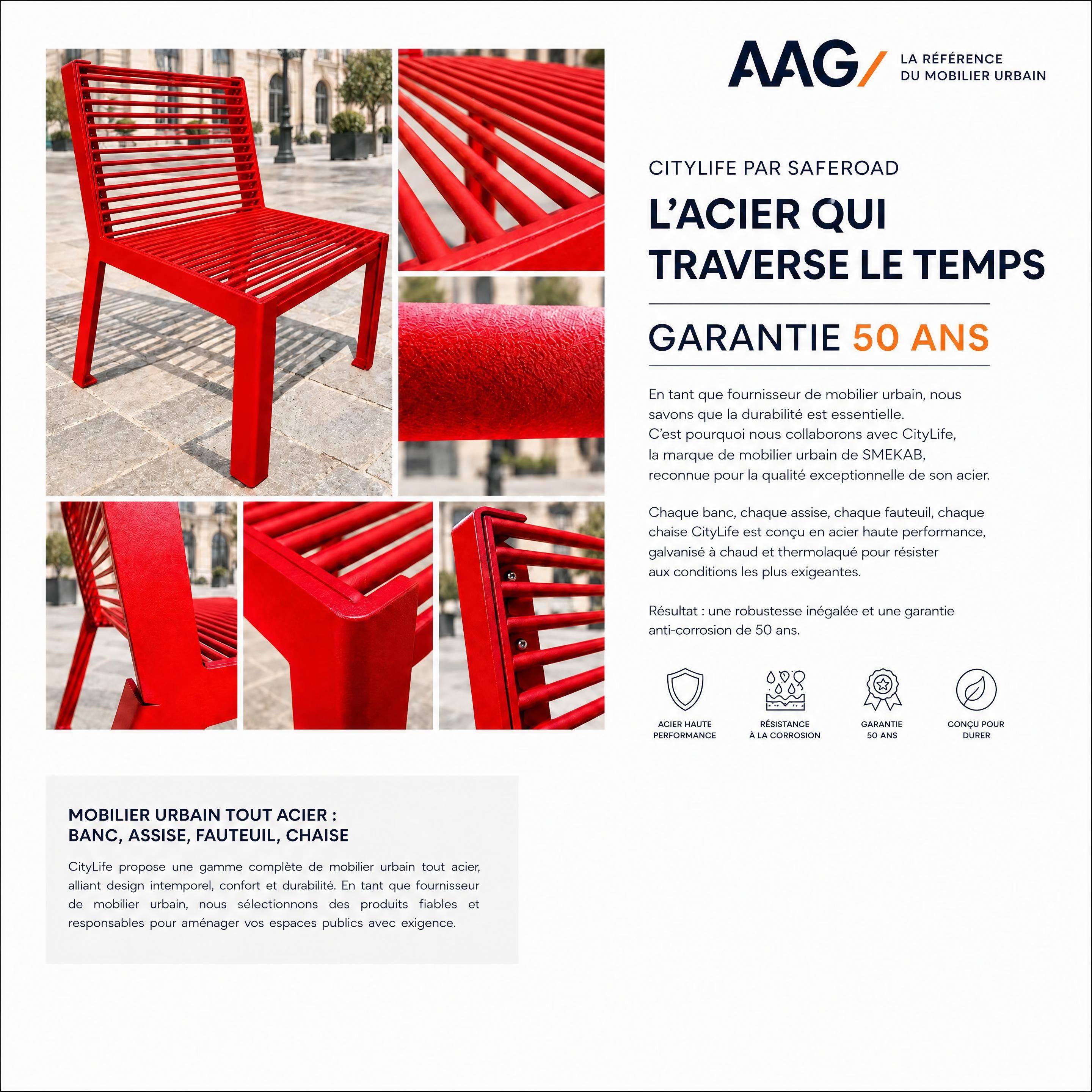 Mobilier urbain CityLife en acier tout acier installé dans un espace public, avec banc, assise et fauteuil au design contemporain