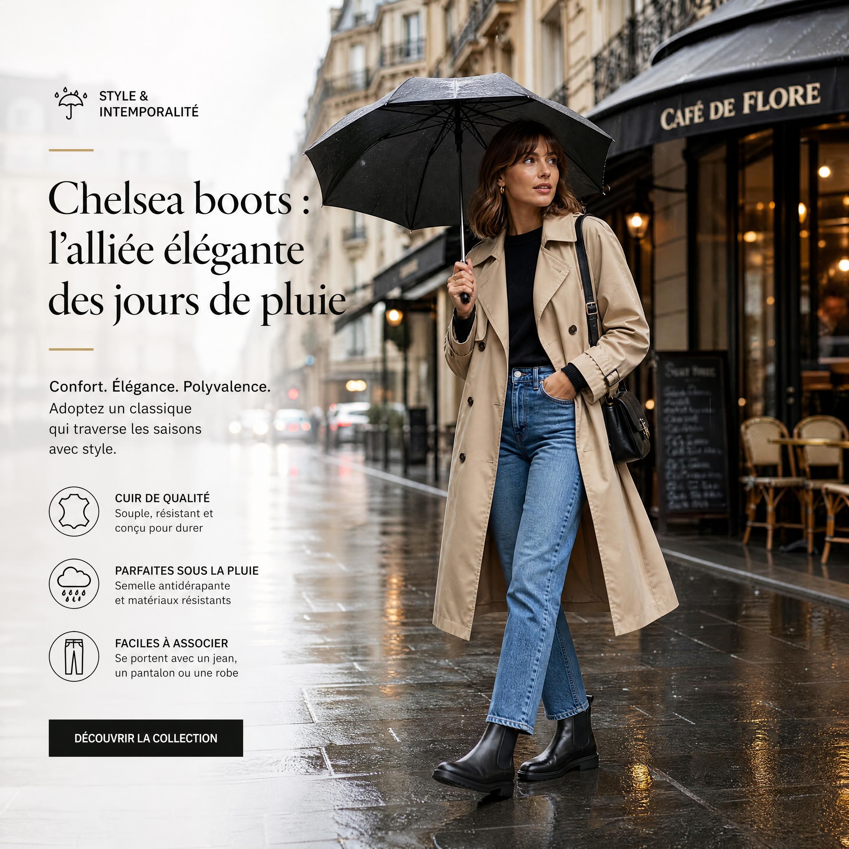 Femme élégante portant des chelsea boots en cuir noir avec un jean droit et un trench-coat sous la pluie