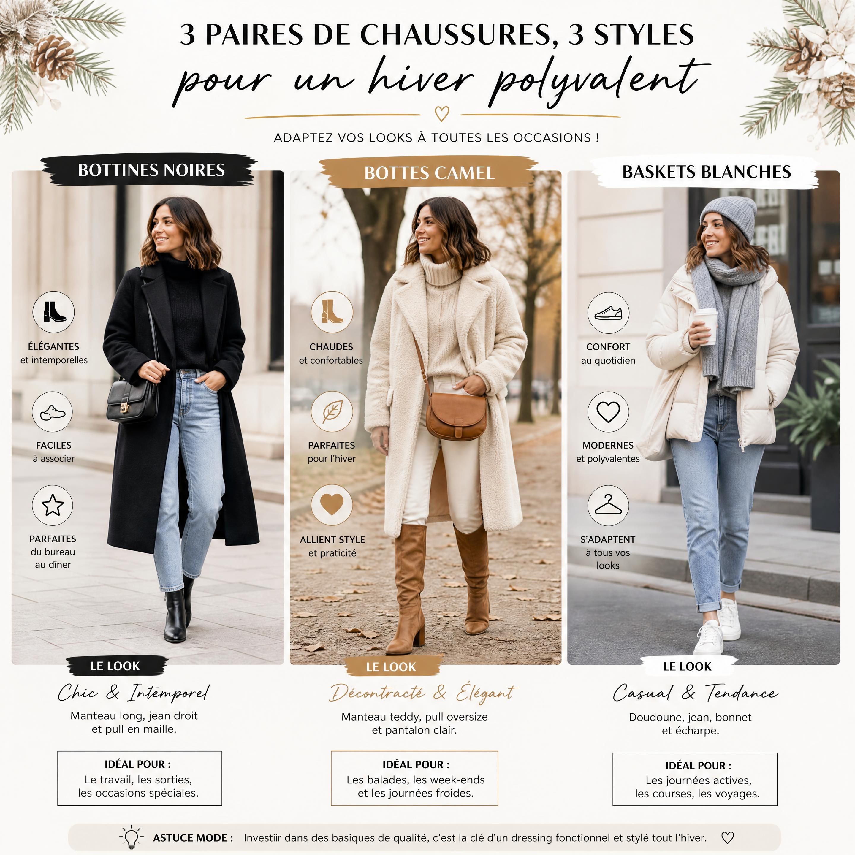 femme portant des bottines noires, des bottes camel et des baskets blanches dans des tenues hivernales polyvalentes