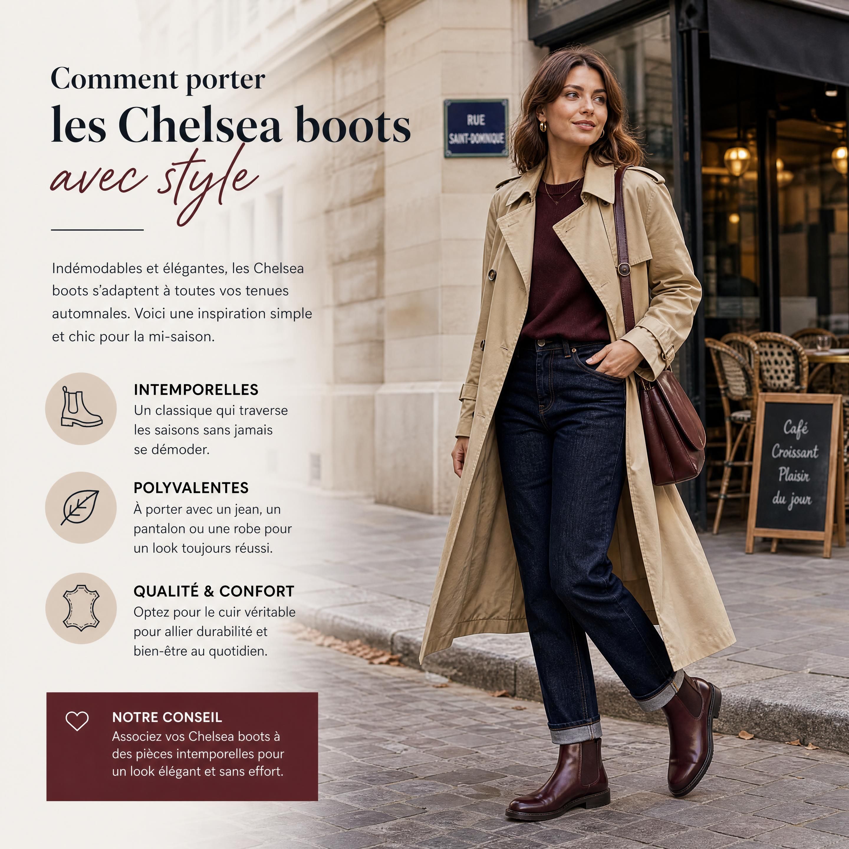 Femme élégante portant des Chelsea boots en cuir marron bordeaux avec un jean droit brut et un trench-coat automnal en ville