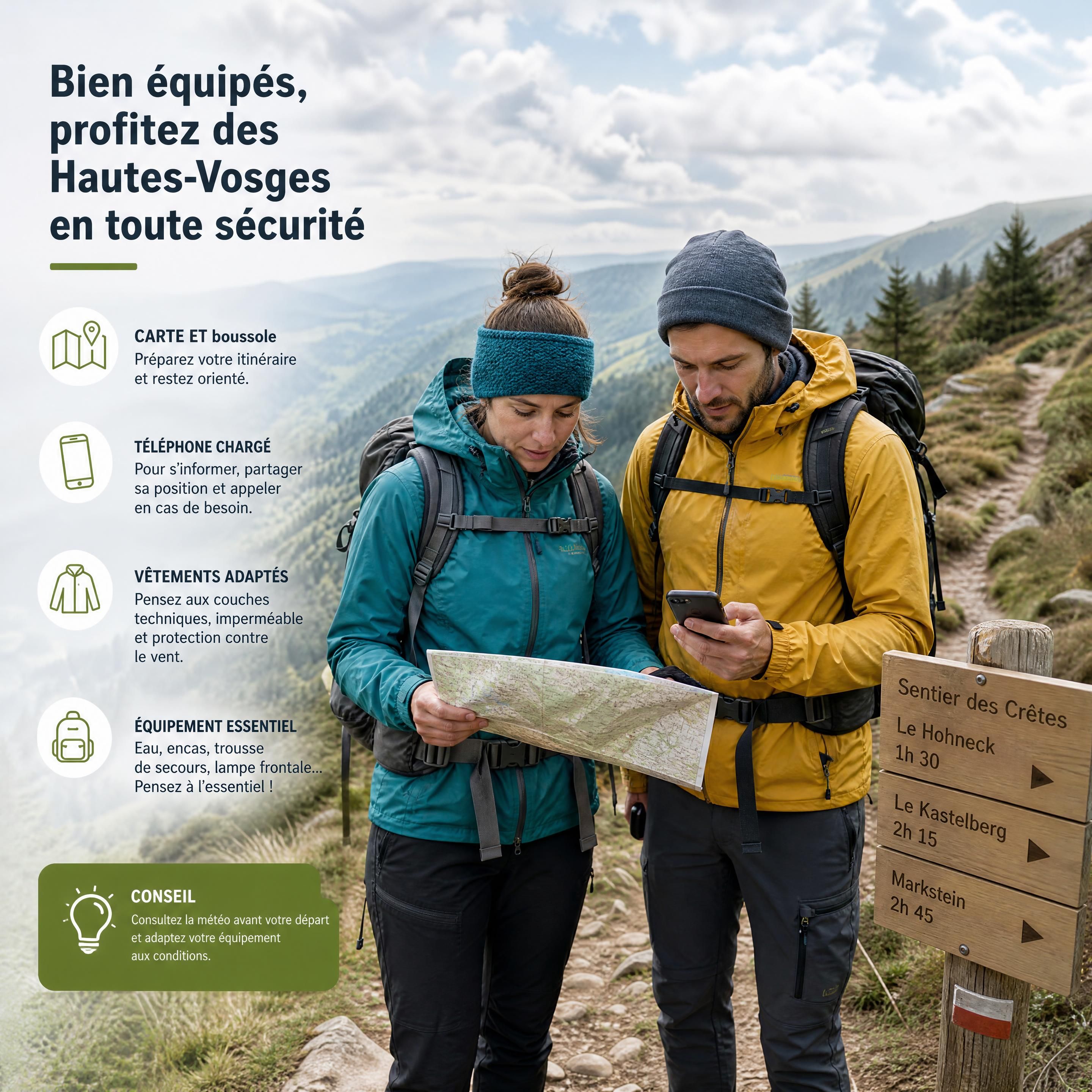 Randonneurs équipés sur un sentier des Hautes-Vosges avec carte, téléphone et vêtements adaptés aux conditions météo