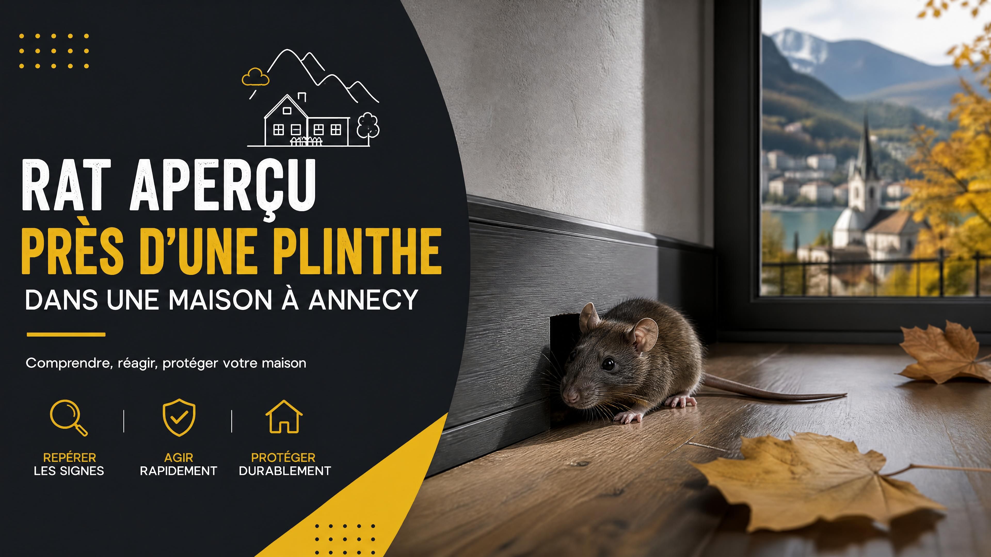 Rat aperçu près d’une plinthe dans une maison d’Annecy, ambiance automnale réaliste, couleurs noir anthracite jaune et blanc, sans personne ni technicien, format horizontal 1200 x 630