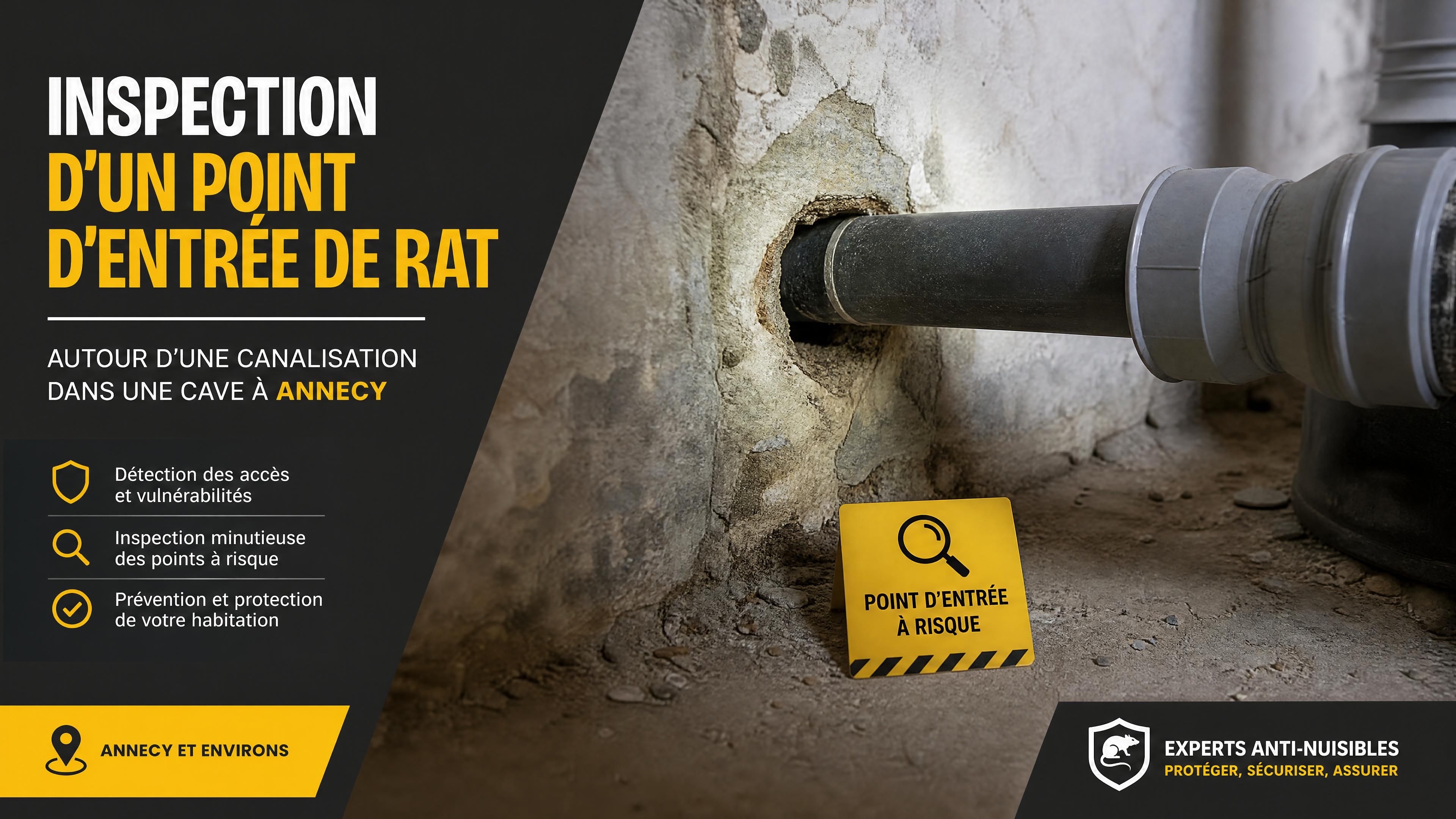 Inspection d’un point d’entrée de rat autour d’une canalisation dans une cave d’Annecy, photographie réaliste sans personne, couleurs noir anthracite jaune et blanc, format horizontal 1200 x 630
