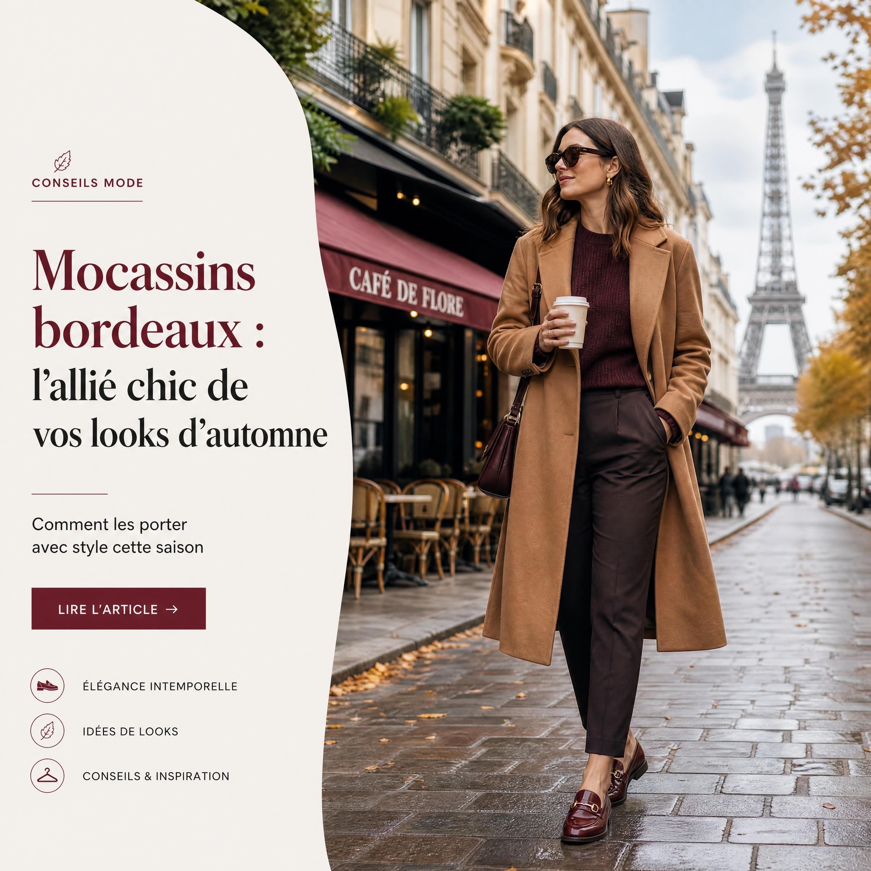 Femme élégante portant des mocassins bordeaux et un manteau d'automne dans les rues de Paris