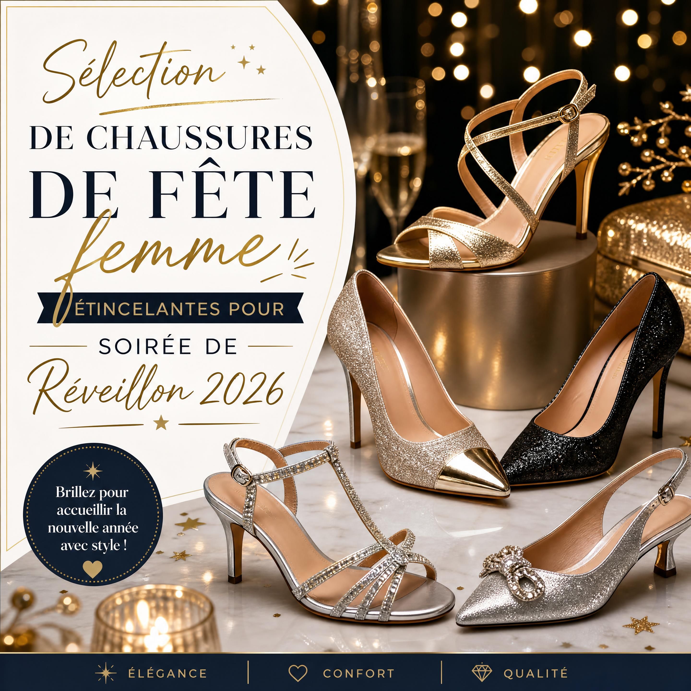 Sélection de chaussures de fête femme étincelantes pour soirée de Réveillon 2026
