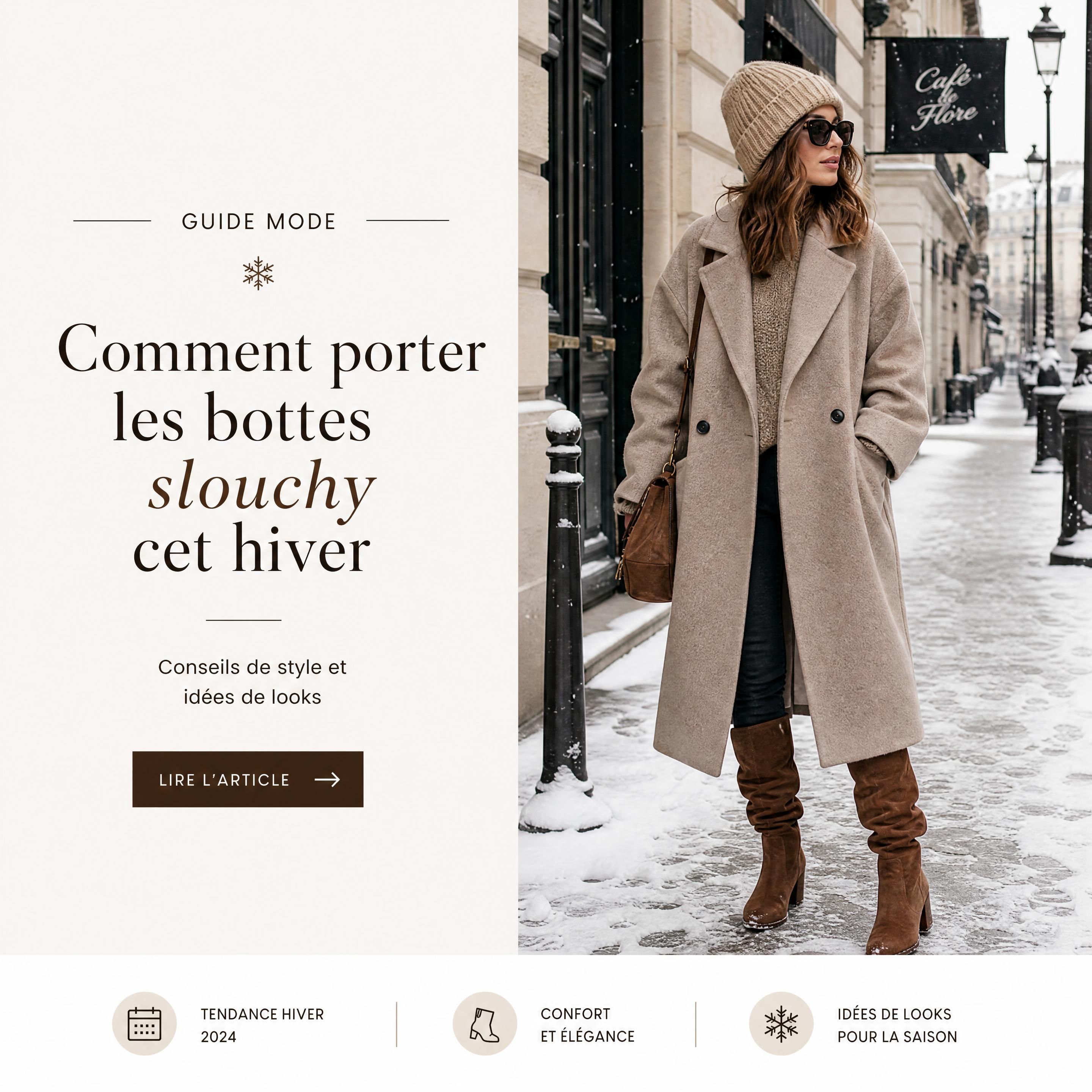 Femme portant des bottes slouchy marron en daim avec un long manteau oversize en laine dans une rue enneigée
