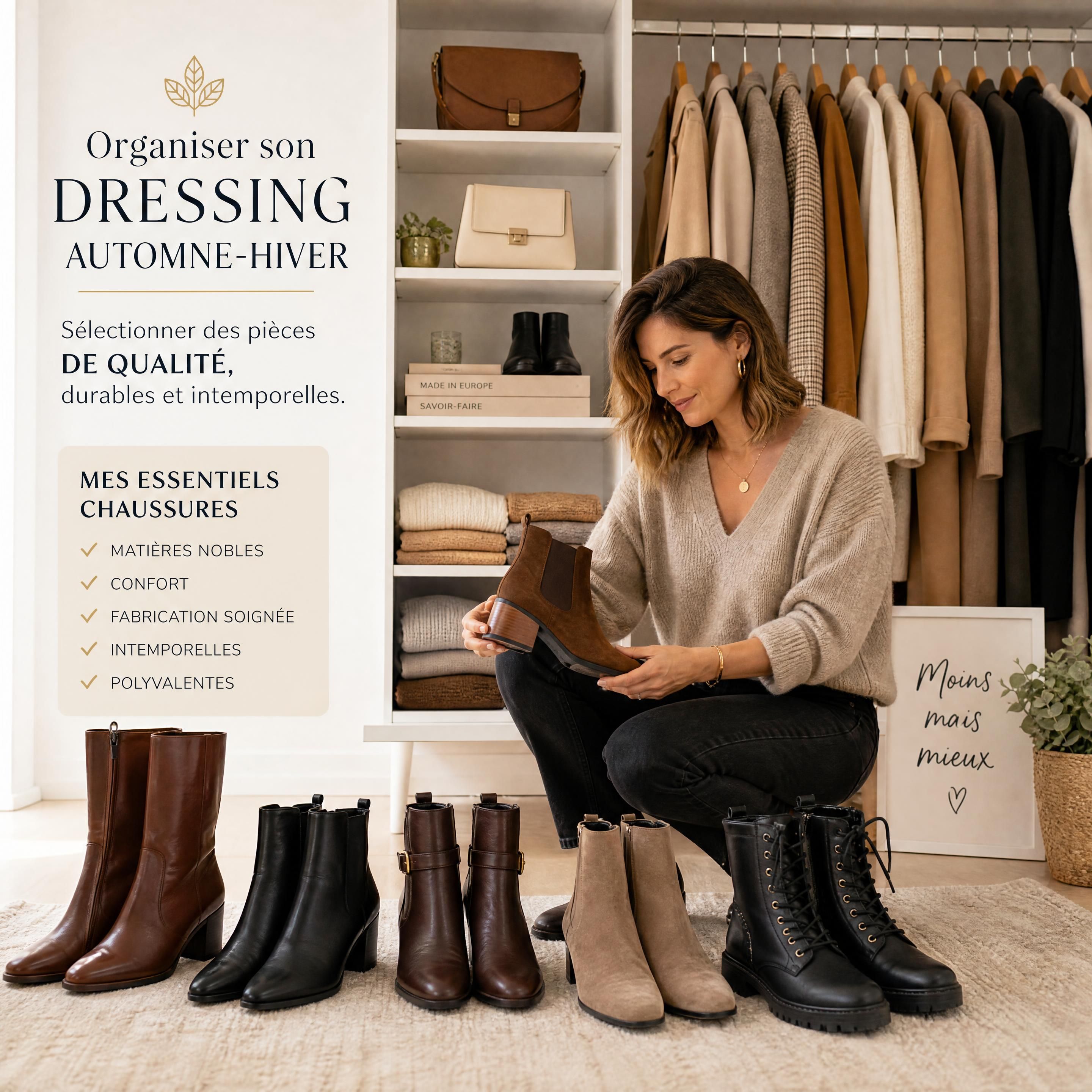 Une femme organisant son dressing automne-hiver et sélectionnant des paires de chaussures et bottines de qualité