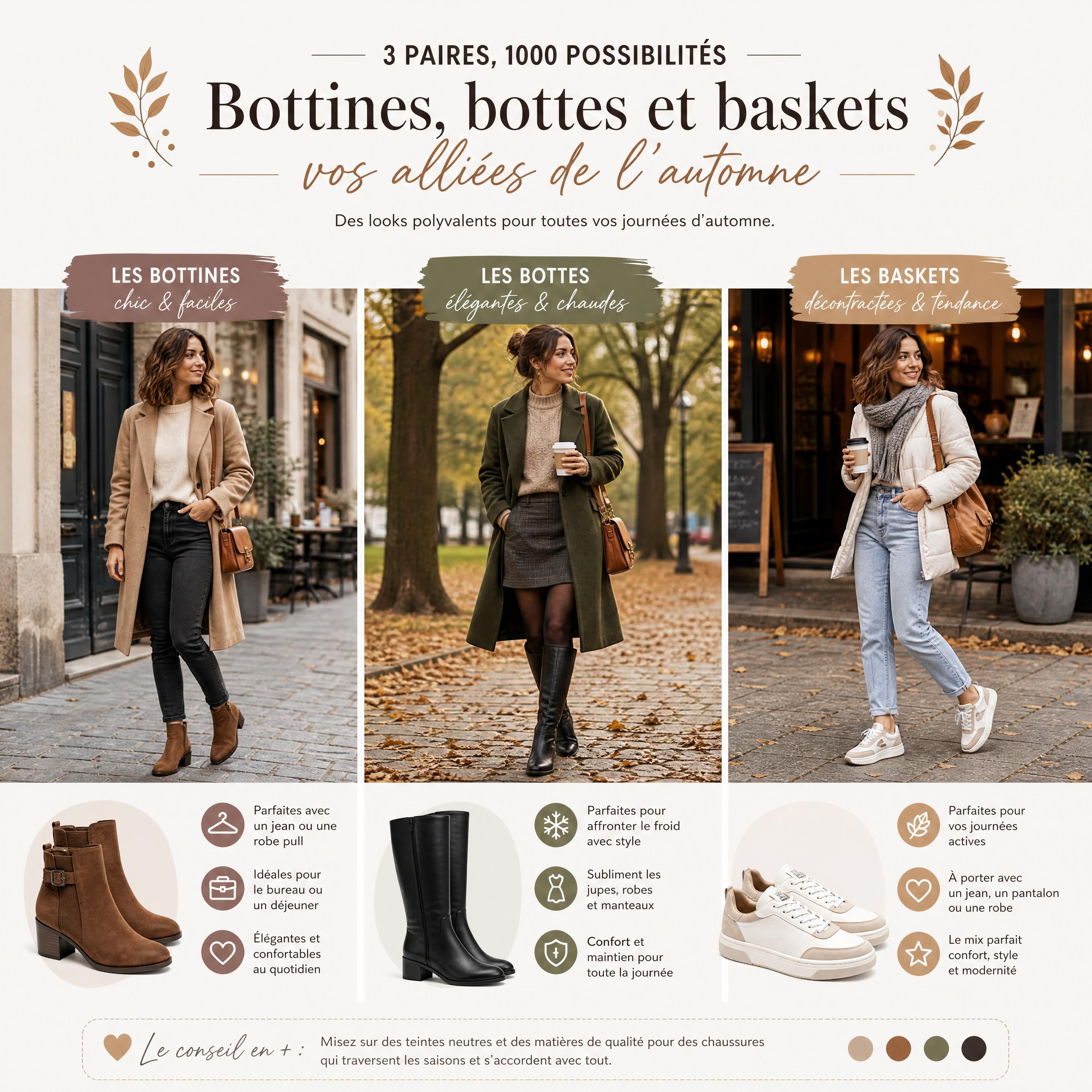 femme portant des bottines, des bottes et des baskets polyvalentes dans différents looks d’automne