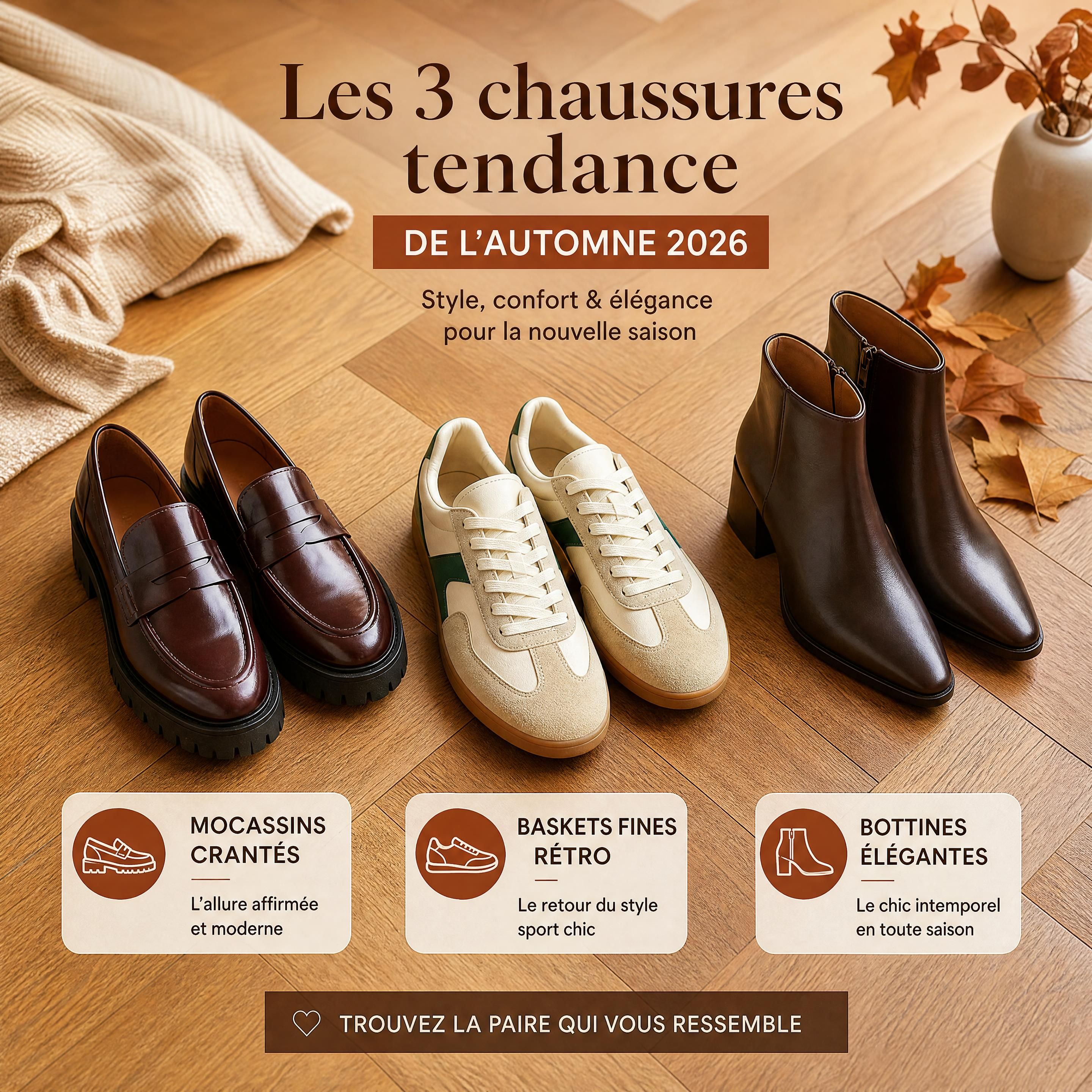 Trio de chaussures tendance de l'automne 2026 comprenant des mocassins crantés, des baskets fines rétro et des bottines élégantes sur fond de parquet chaleureux