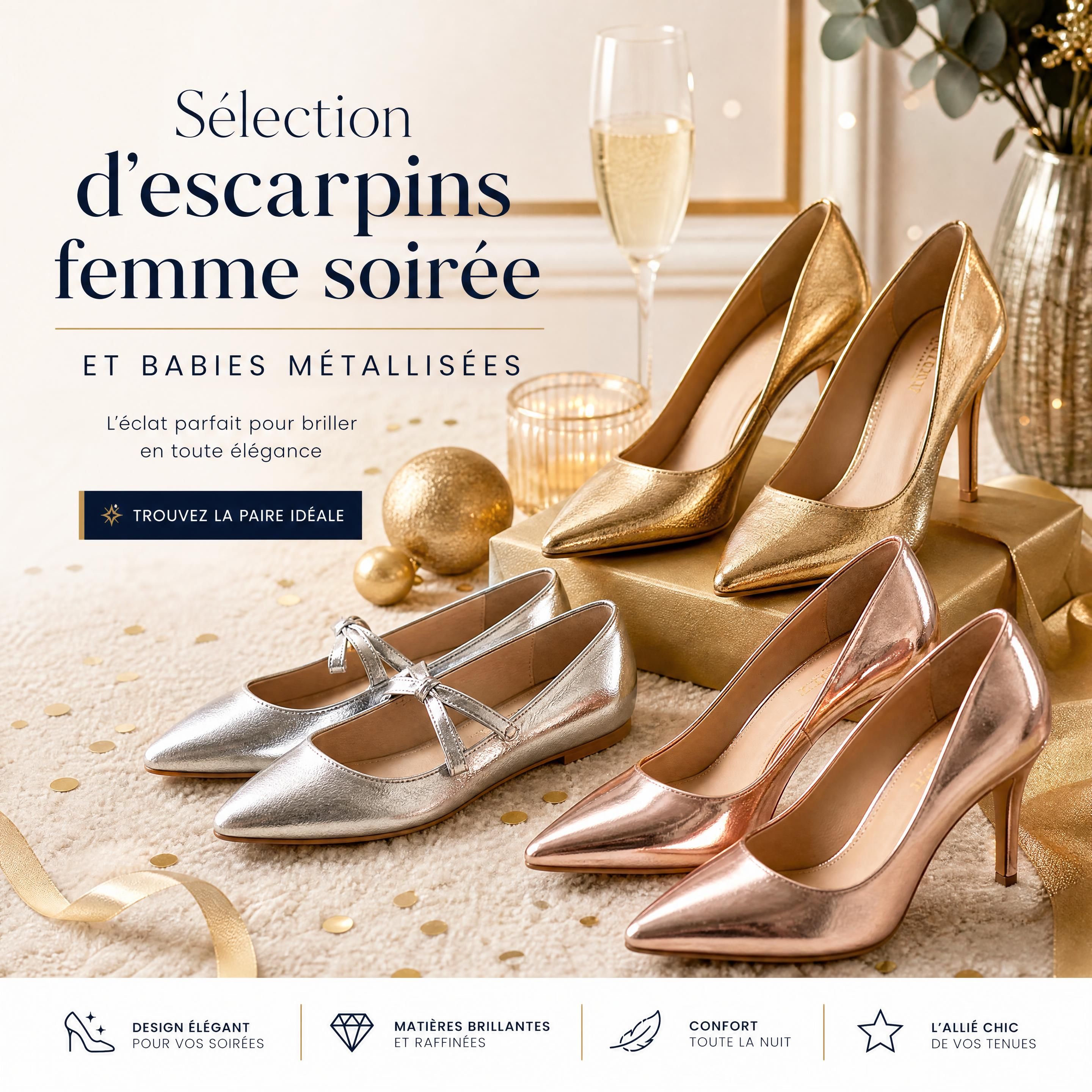Sélection d'escarpins femme soirée et babies métallisées disposées de manière élégante sur un tapis festif