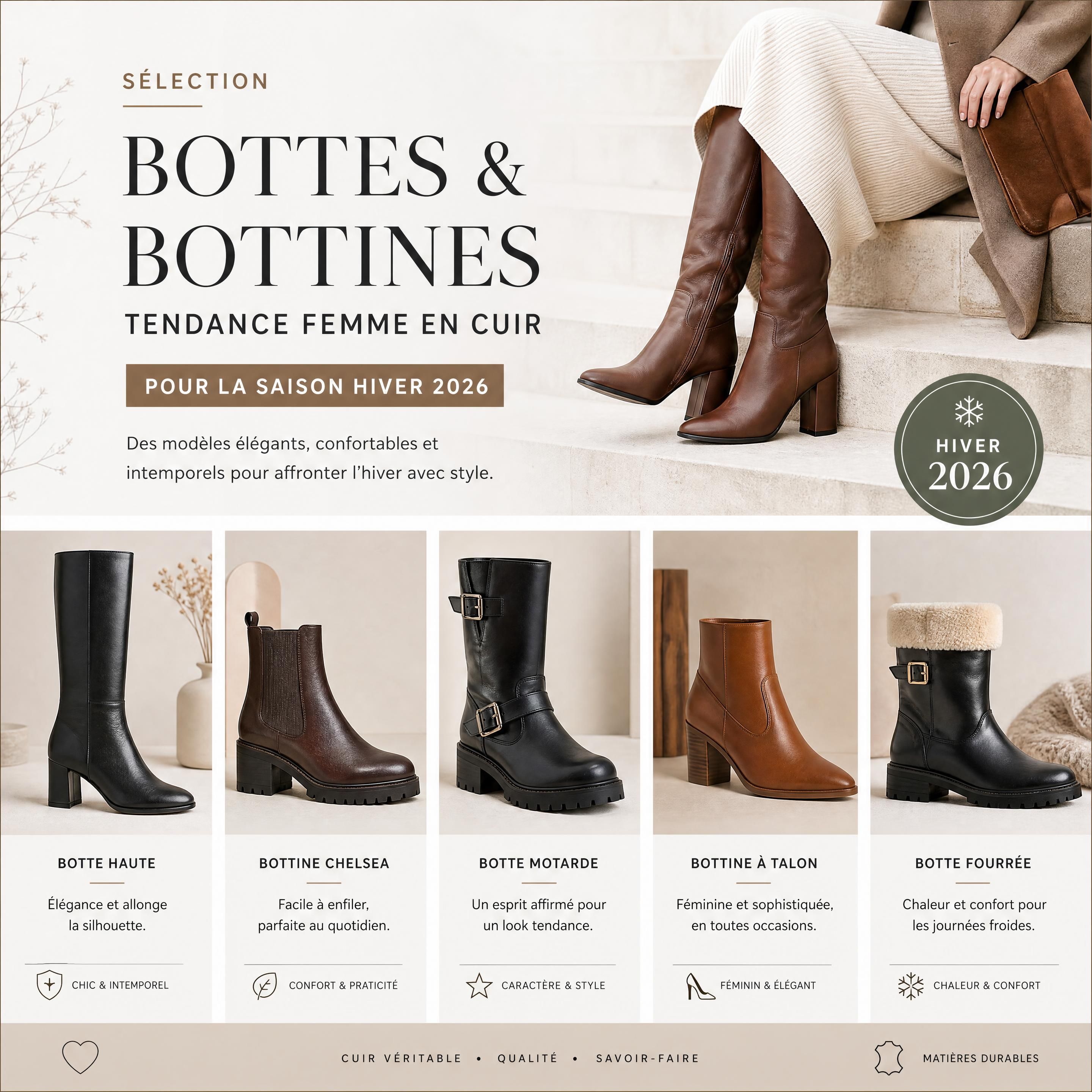Sélection de bottes et bottines tendance femme en cuir pour la saison hiver 2026