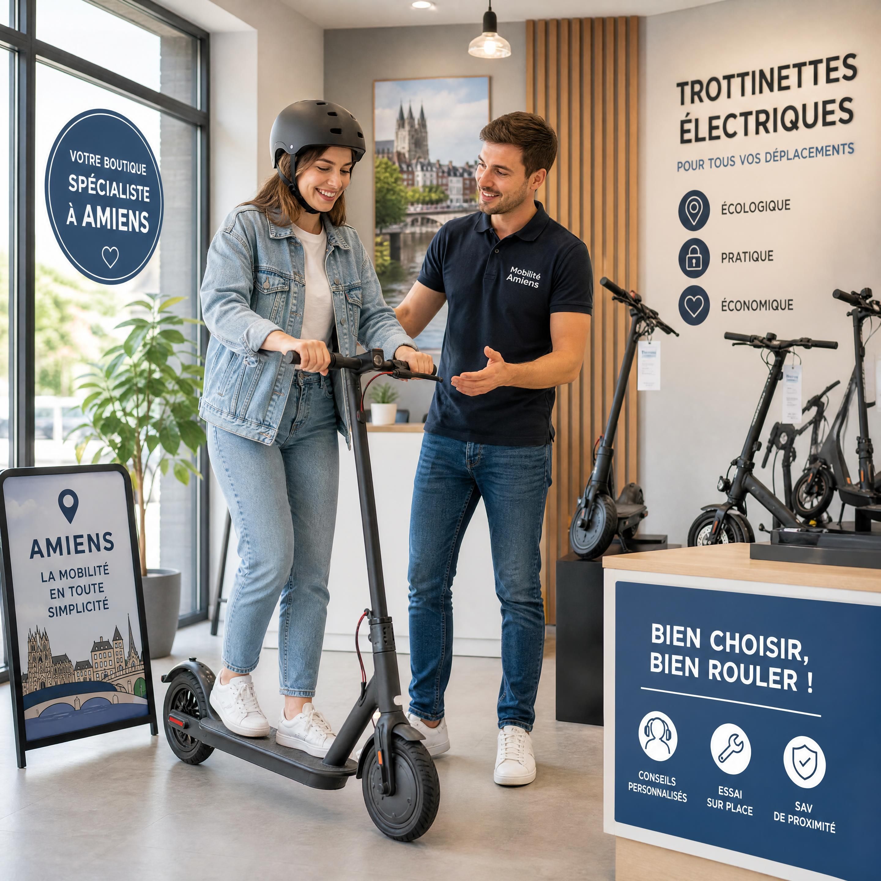 Débutant essayant une trottinette électrique en boutique à Amiens avec l’accompagnement d’un conseiller