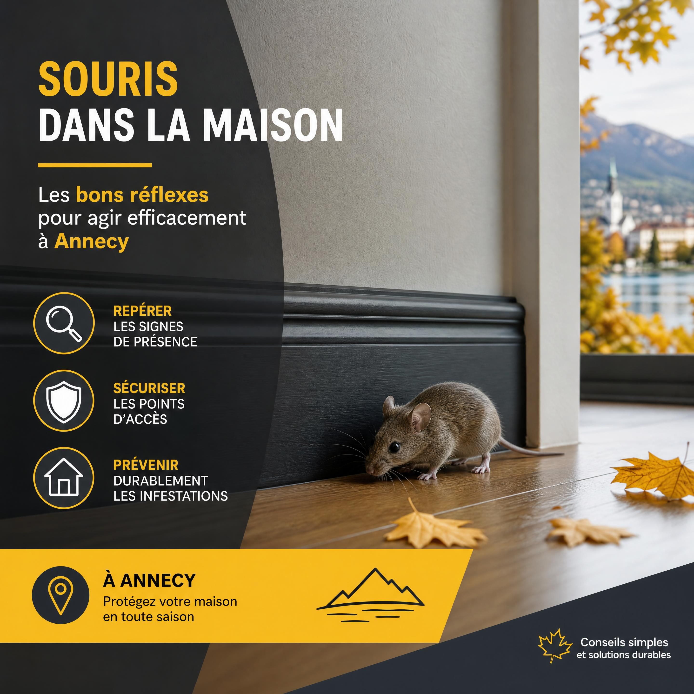 Souris réaliste de petite taille circulant près d’une plinthe dans une maison d’Annecy, ambiance automnale, couleurs noir anthracite jaune et blanc, sans personne ni technicien