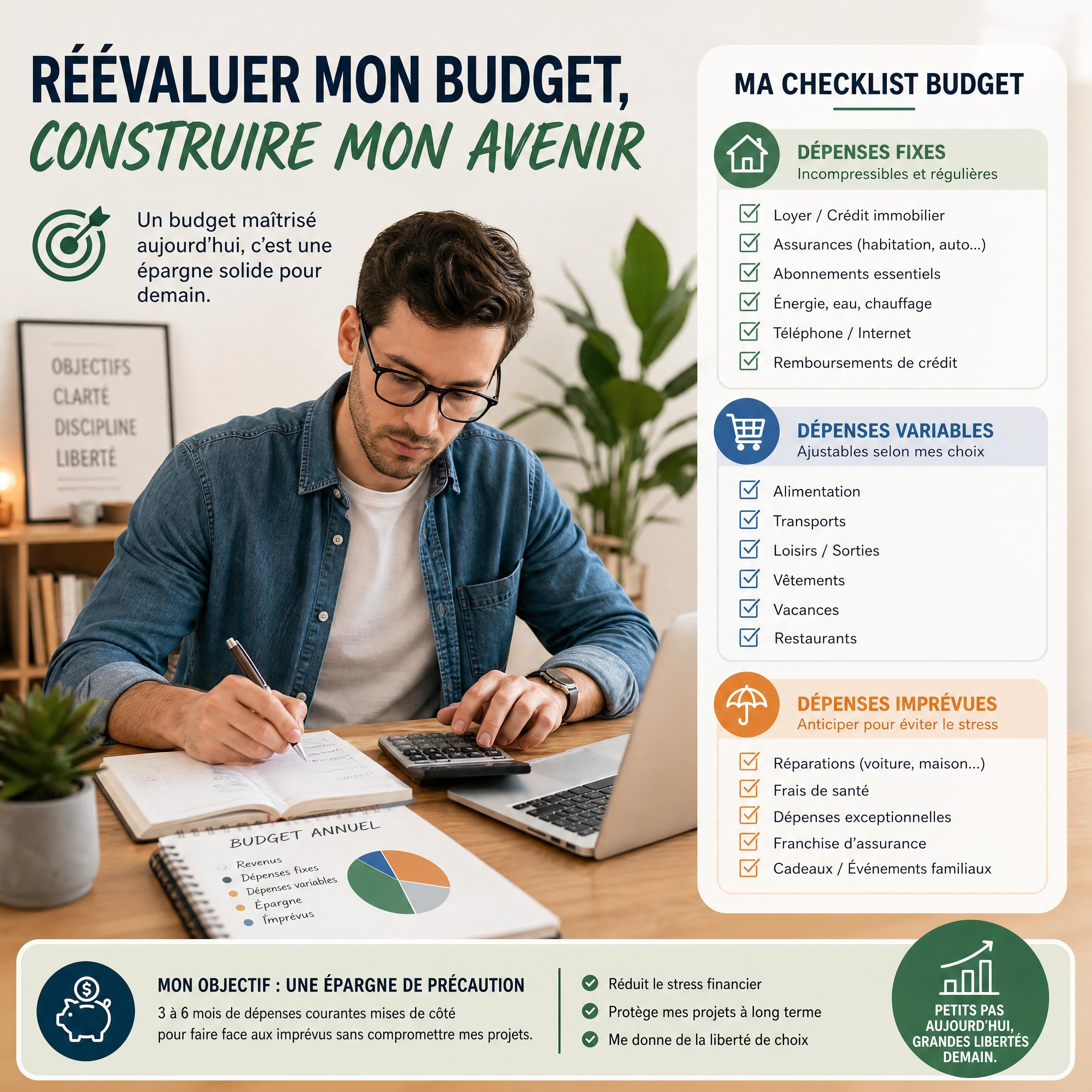 Personne réévaluant son budget annuel avec une checklist des dépenses fixes, variables et imprévues