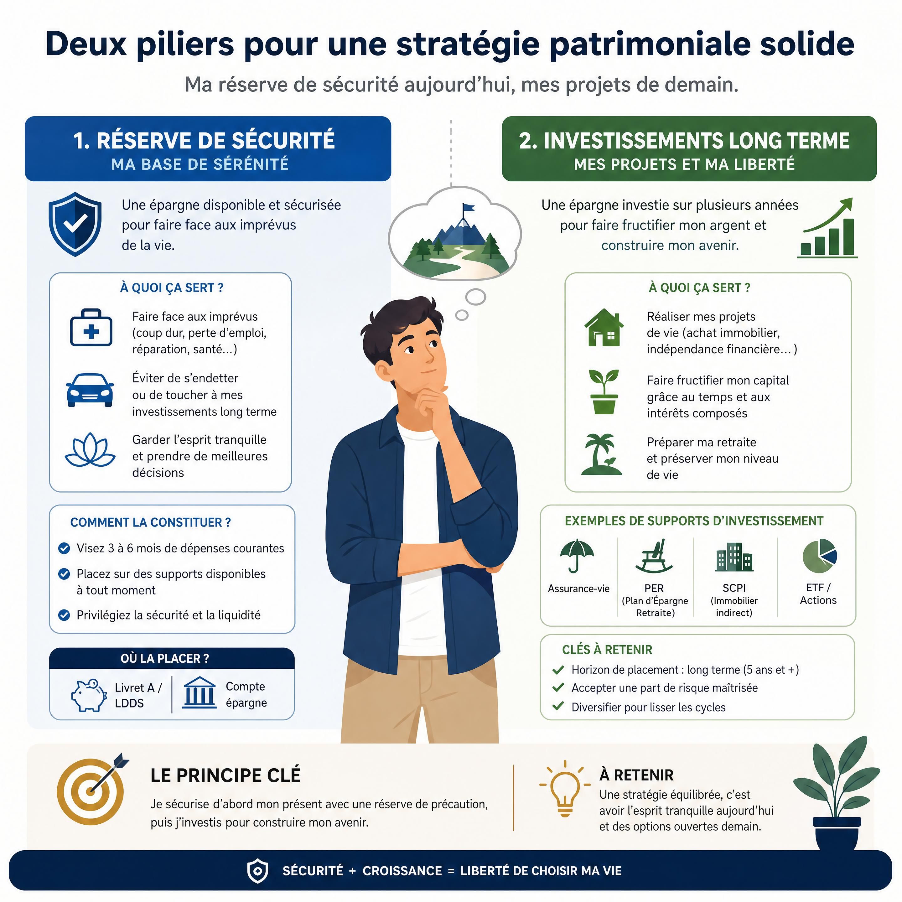 Illustration comparative de supports d’épargne disponibles avec une réserve de sécurité séparée des investissements à long terme