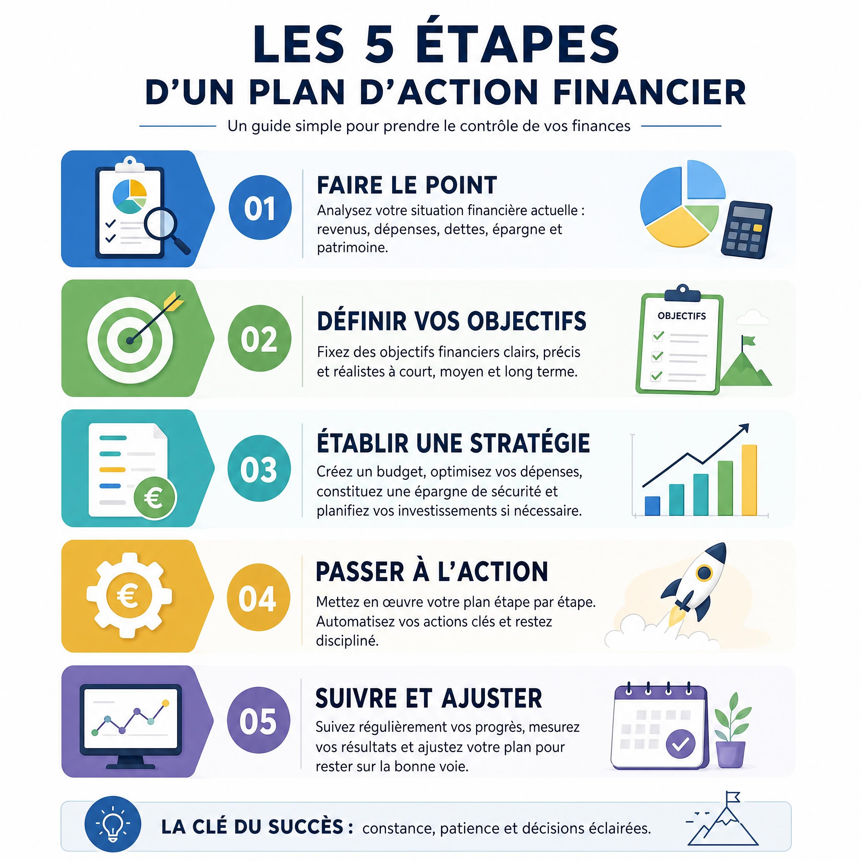 Infographie synthétisant les 5 étapes d'un plan d'action financier étape par étape