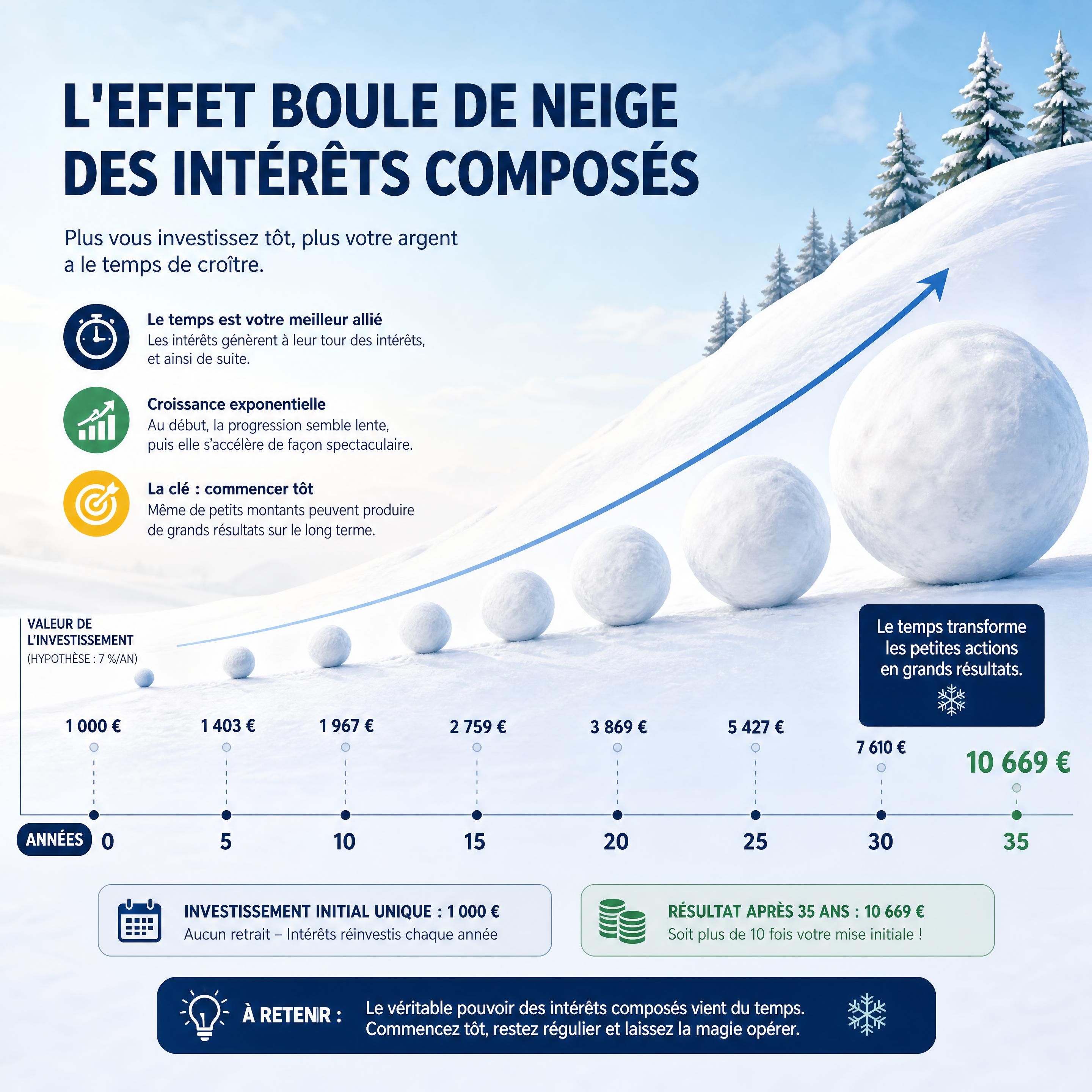 Graphique illustrant l'effet boule de neige des intérêts composés sur le long terme