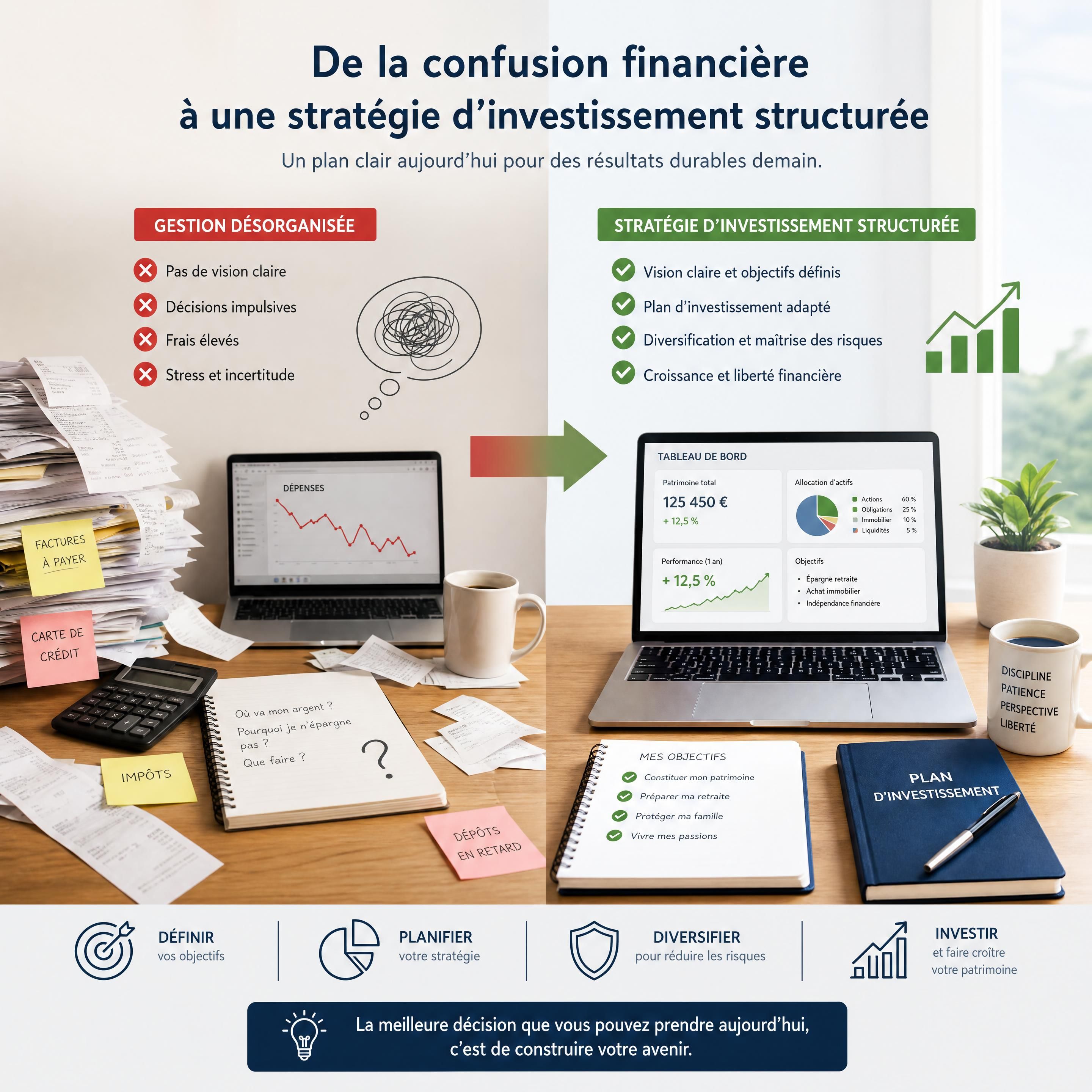 Illustration conceptuelle montrant le passage d'une gestion financière désorganisée à une stratégie d'investissement structurée