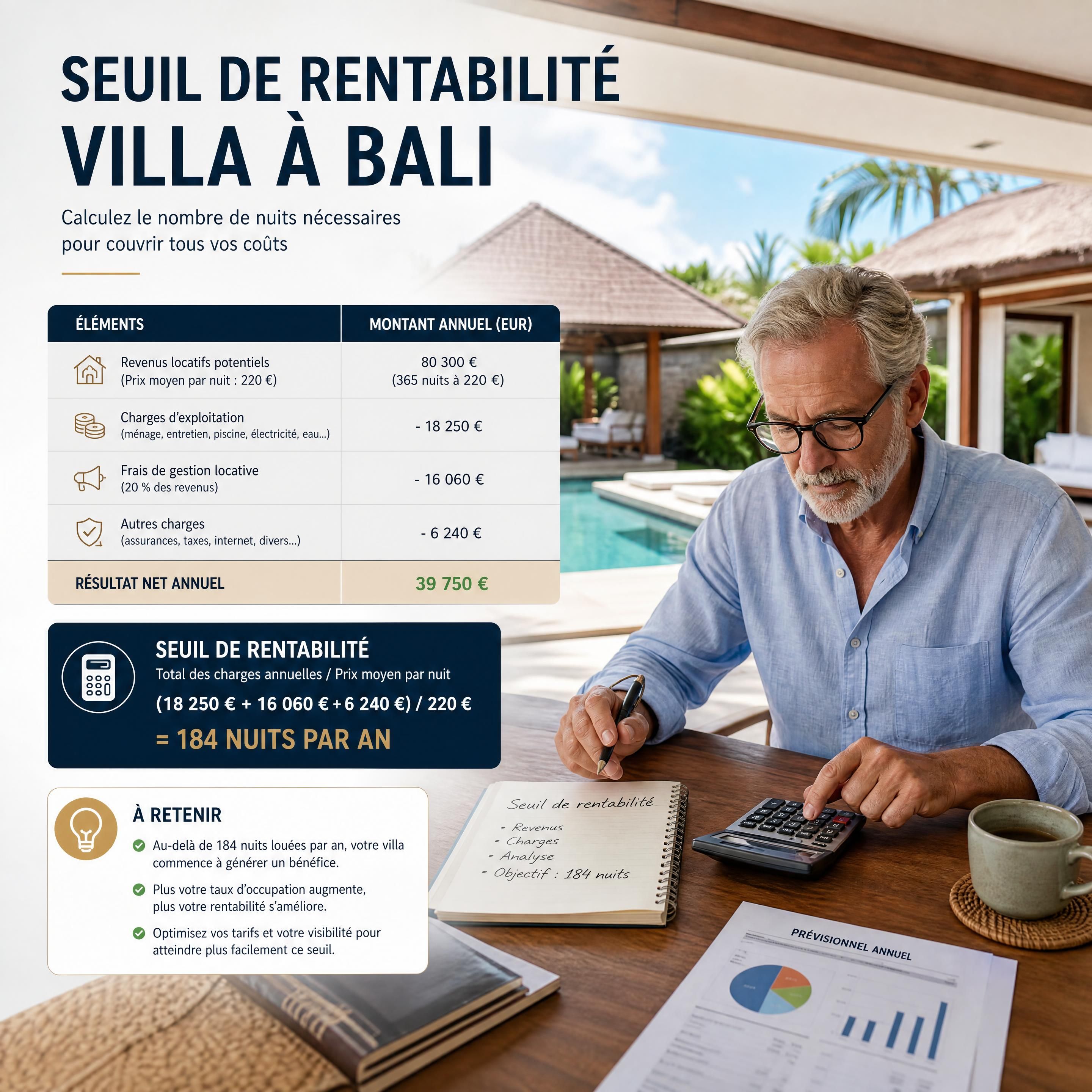 propriétaire senior calculant le seuil de rentabilité villa Bali avec un tableau financier