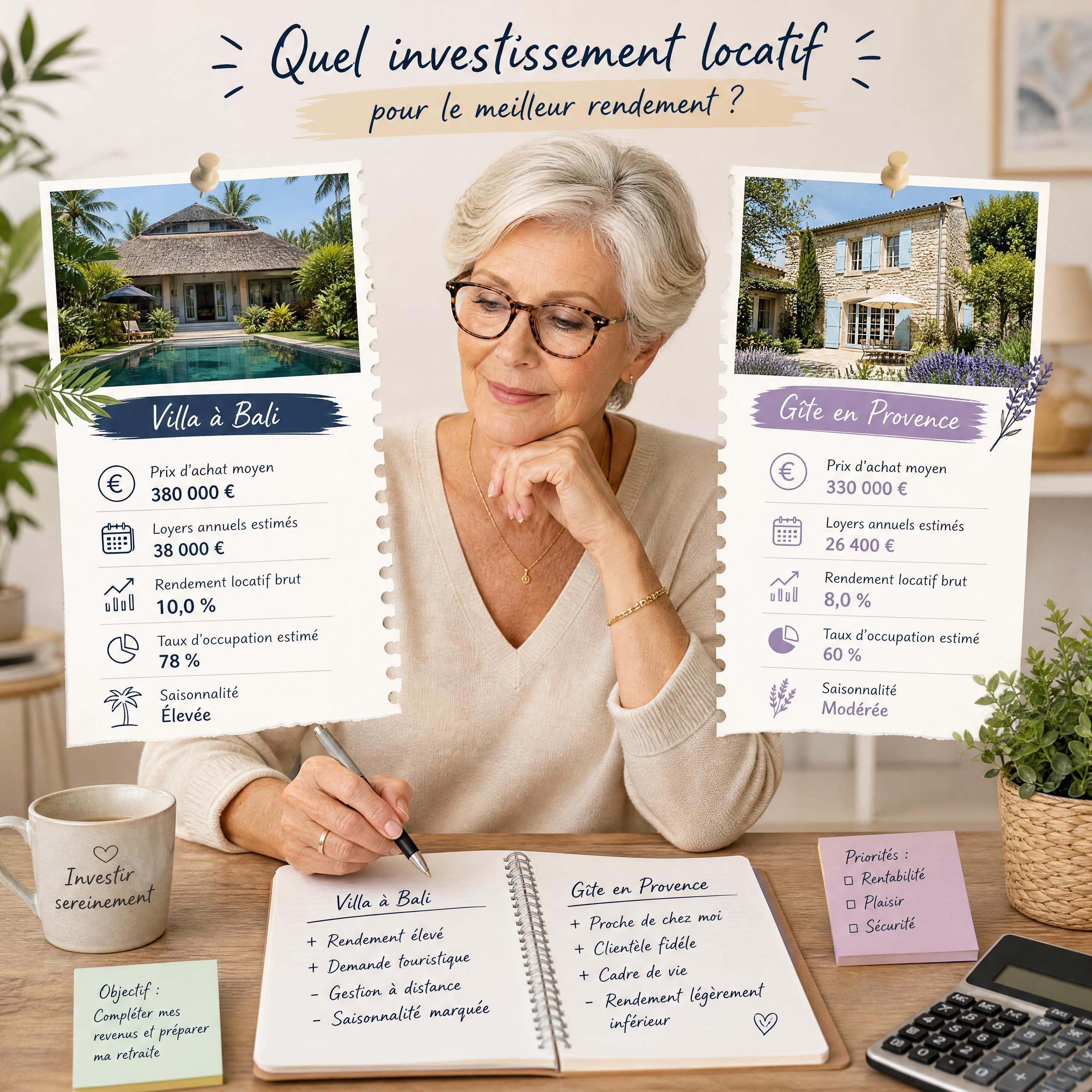 tableau papier d’une propriétaire senior comparant le rendement locatif villa Bali et un gîte en Provence