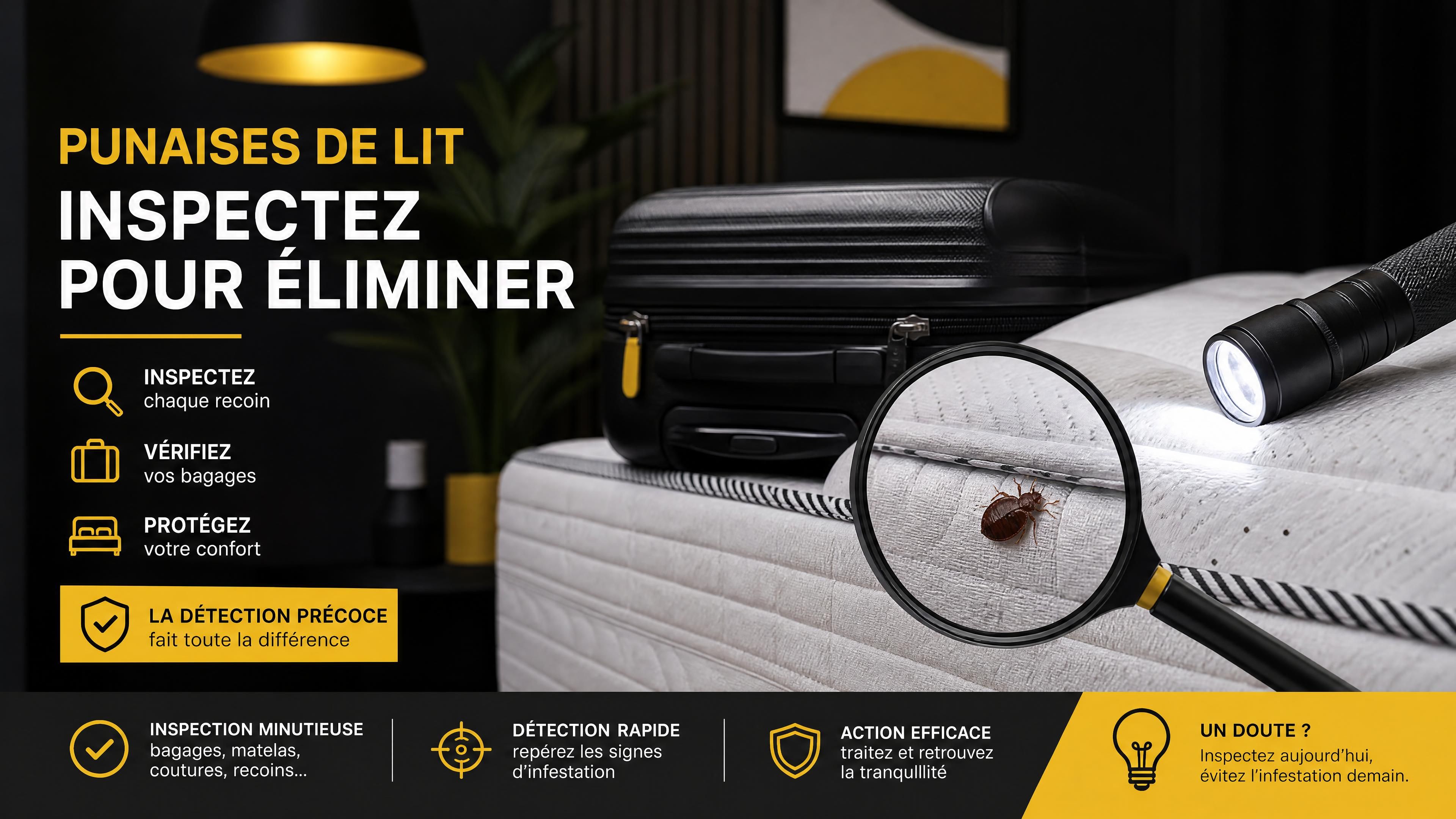 Valise et matelas inspectés avec loupe et lampe, punaise de lit réaliste près d’une couture, décor intérieur sobre noir anthracite jaune et blanc, sans personne, format horizontal 1200x630