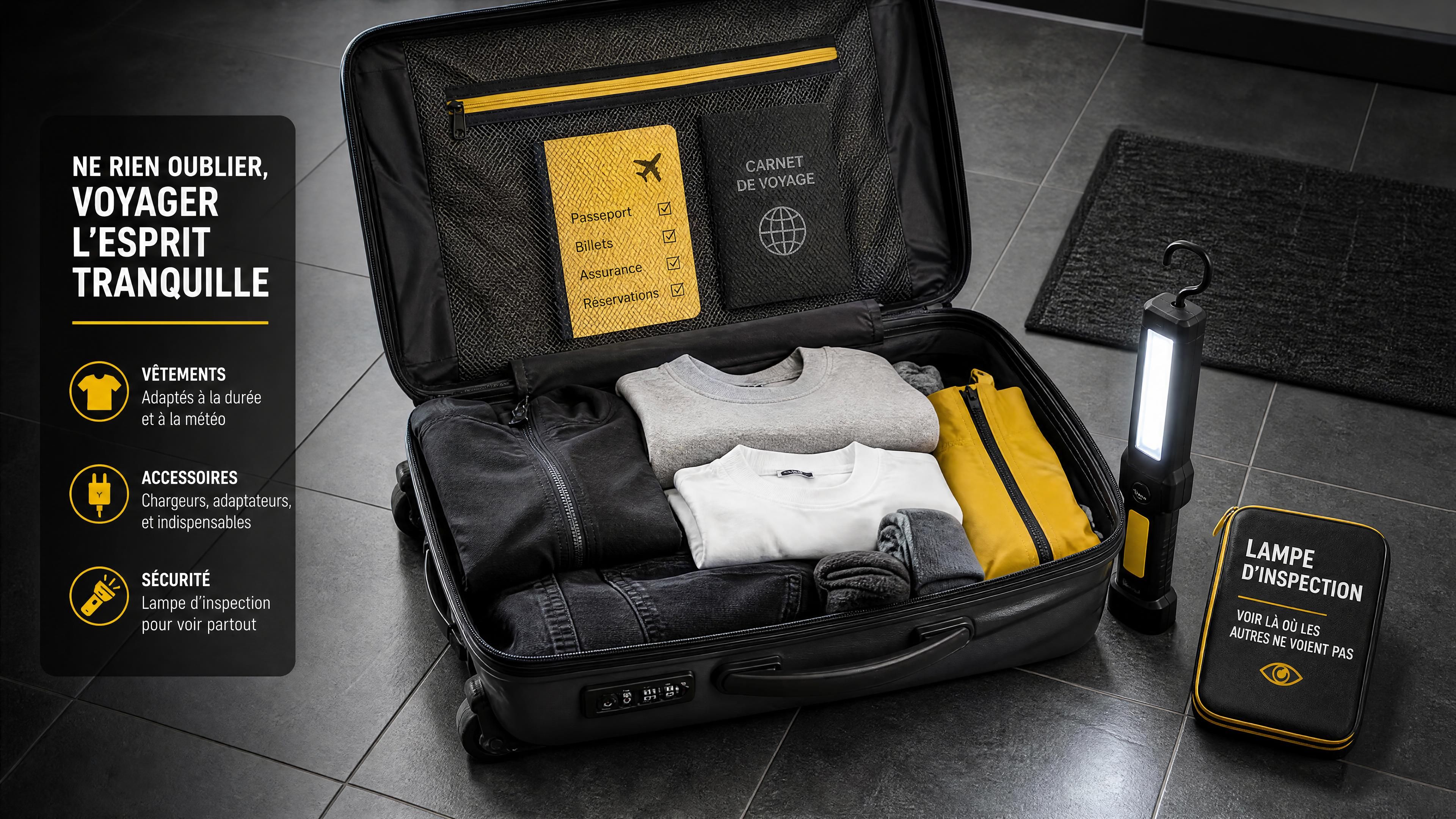 Valise ouverte sur un sol carrelé avec vêtements et lampe d’inspection, ambiance réaliste noir anthracite jaune et blanc, sans personne, format horizontal 1200x630